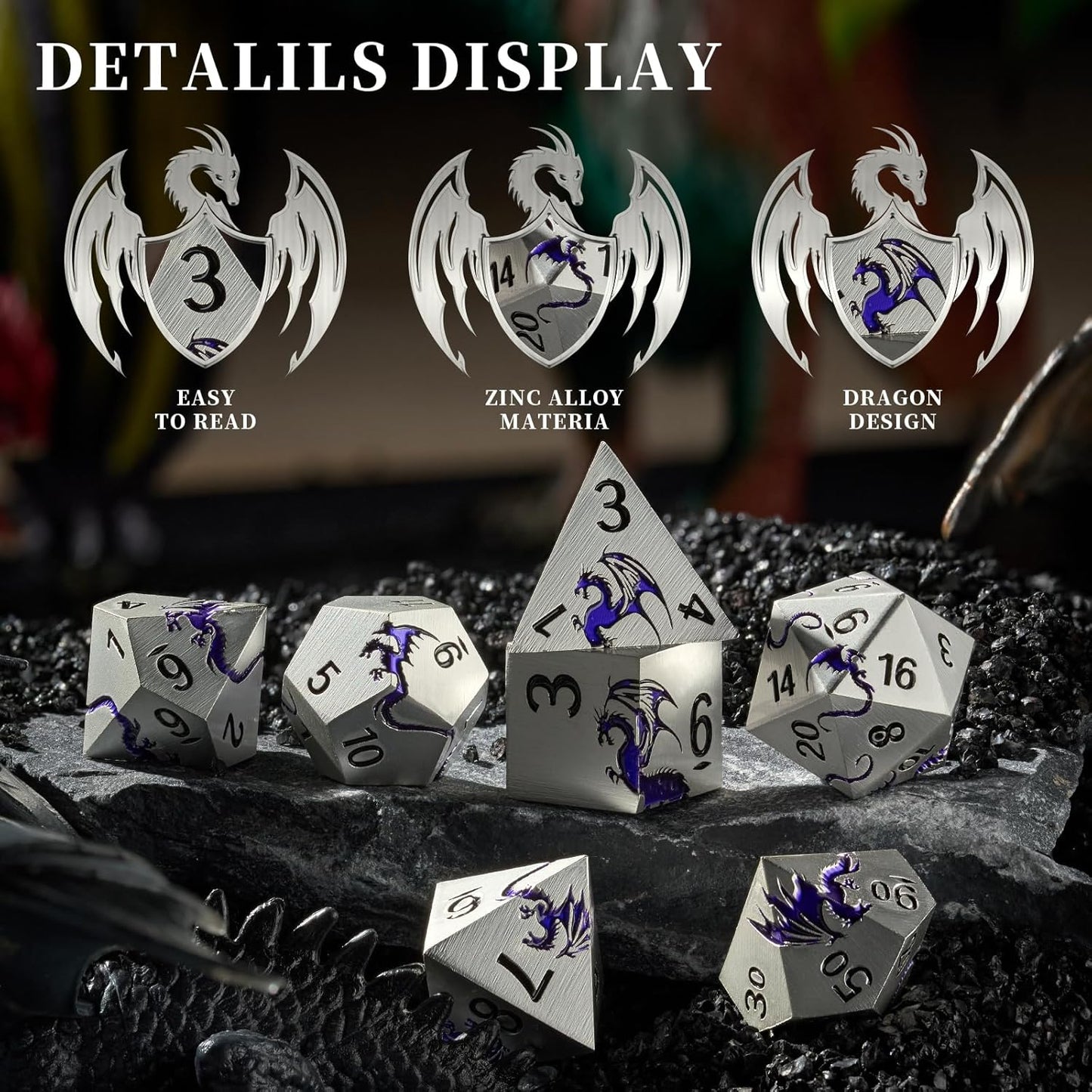 Purple Dragon Metal Dice HNCCESG 7 Piece Heavy Metallic D&D Dice Set with Dungeons and Dragon Gift Dice Box for TTRPG Tabletop Game (Matte Silver Purple)