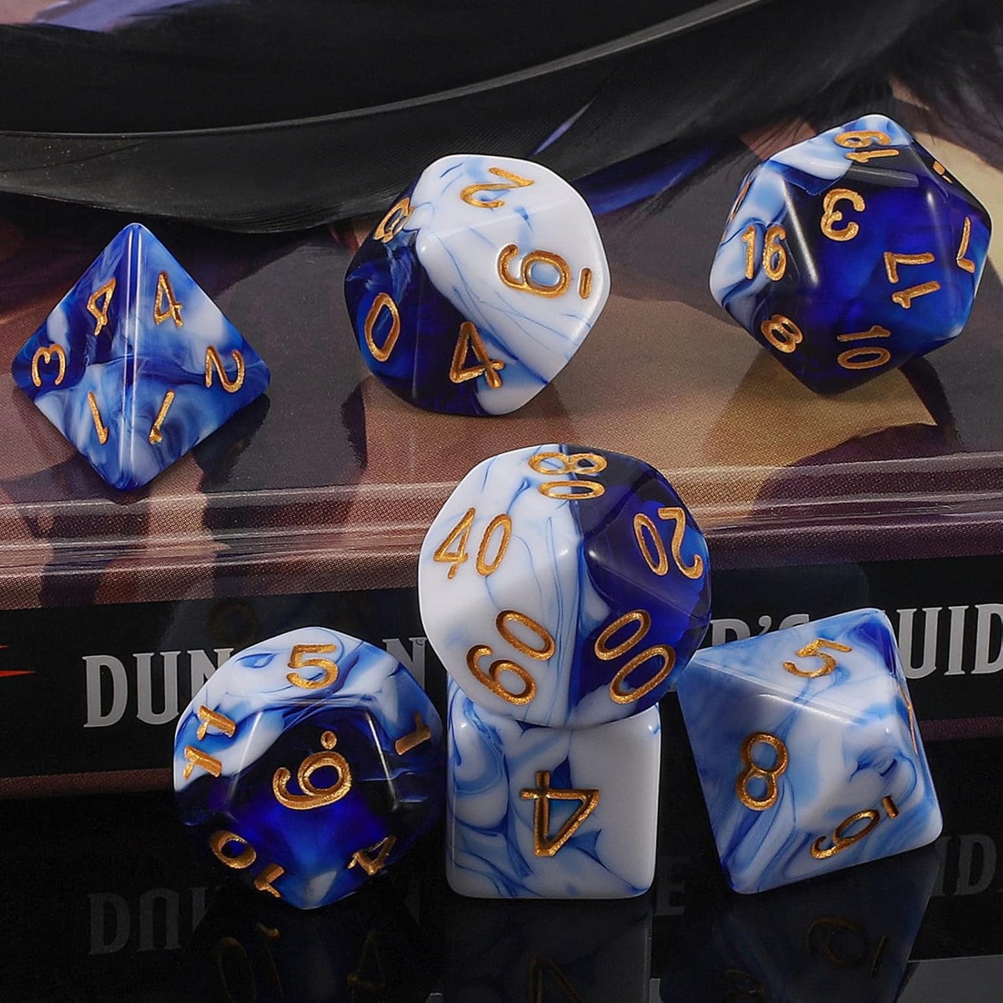 QMAY DND Dice Set - 7 Pcs Polyhedral Dice with D&D Dice Bag for Dungeon and Dragons, RPG, MTG, Role Playing Games Dice (Blue Mix White)