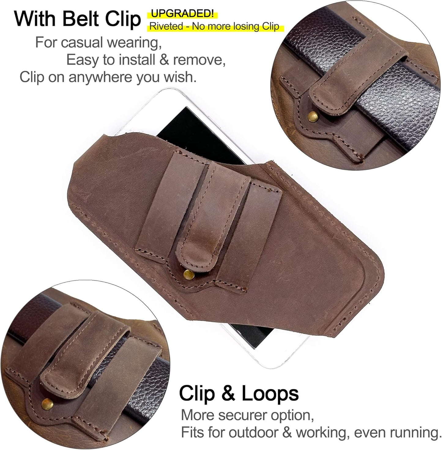 TobbinGear Leather Cell Phone Holster with Belt Clip, Universal Phone Holster for Men Belt Holder, Leather Case for iPhone, Samsung Galaxy Phones, Dark Brown, Large