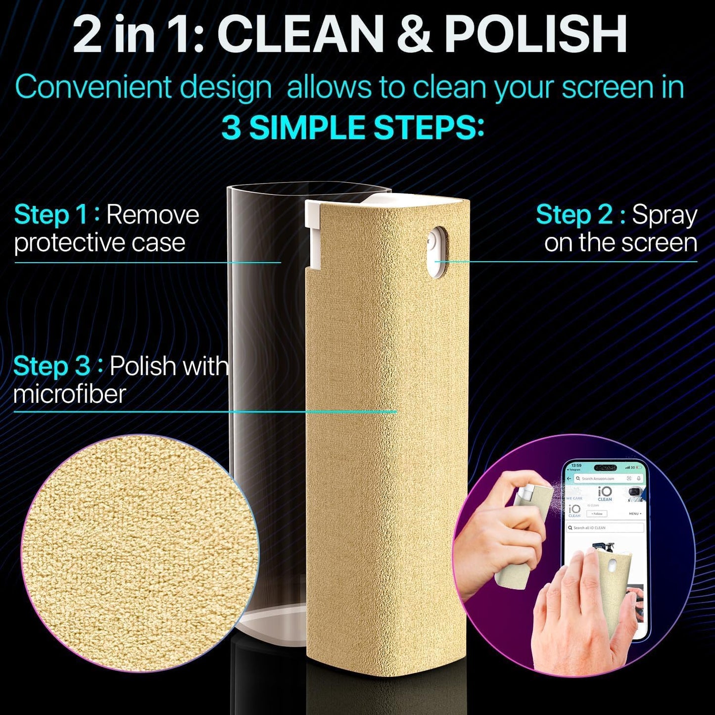 Mini Screen Cleaner Spray – Finger Proof Screen Cleaner for Smartphones, iPads, MacBooks, Laptops, Car Screens, Touchscreens – 3in1 Mist Cleaner, Microfiber Cloth and Protective Cover (Green)