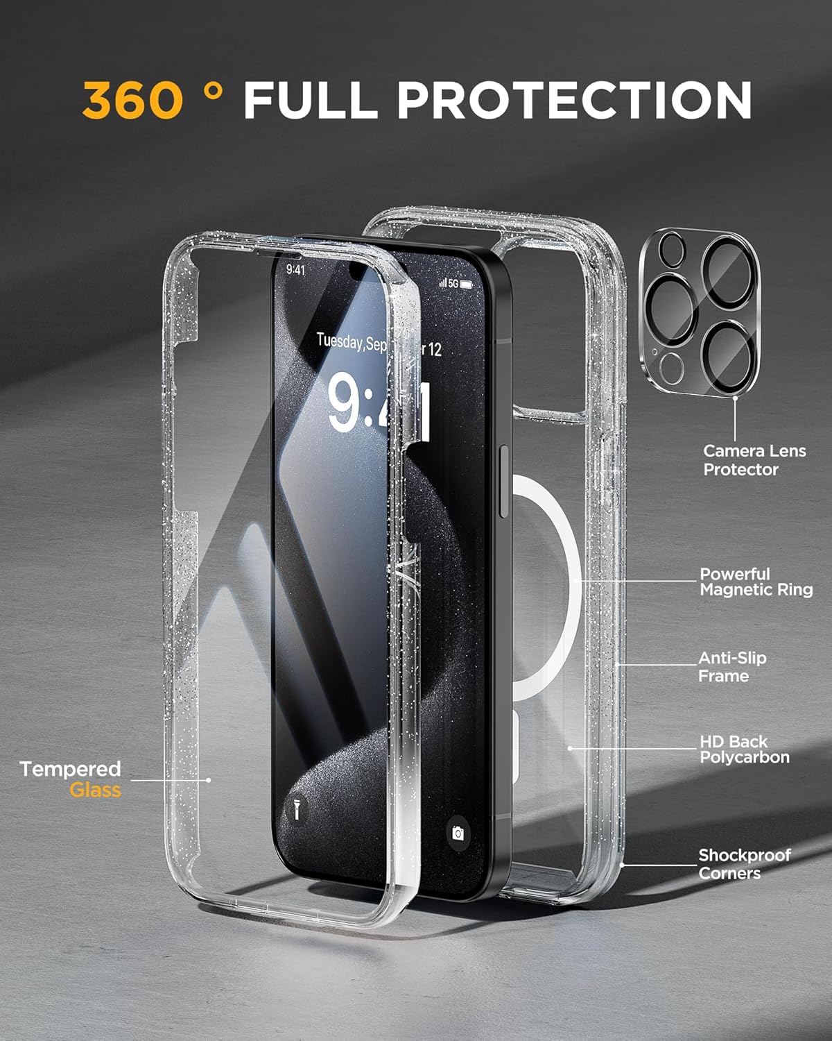 Miracase Magnetic for iPhone 15 Pro Max Case 6.7'' [Compatible with Magsafe] Full-Body Drop Proof Phone Case for iPhone 15 Pro Max with Built-in 9H Tempered Glass Screen Protector,Clear Glitter