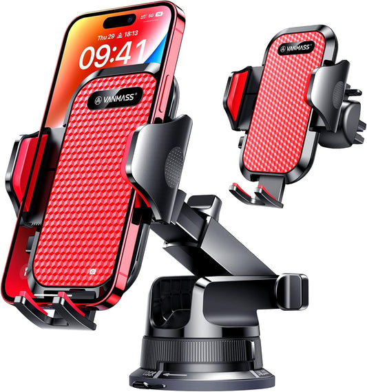 VANMASS [Pro Version] Universal Car Phone Mount [Super Suction Cup] Dashboard Phone Holder, Handsfree Windshield Dash Vent Phone Holder Car, Compatible for iPhone 16 15 14 13 Samsung LG & Truck,Red