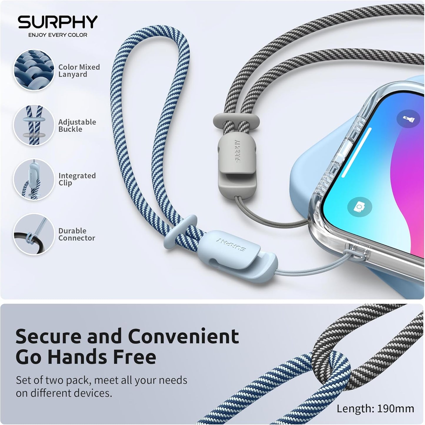 SURPHY 2 Pack Phone Lanyard for Cellphone Case, Phone Wrist Strap for Case, Cellphone Strap with 2-Color Braided, Charm Wrist Lanyard for Women and Men, Cloud Blue & Gray
