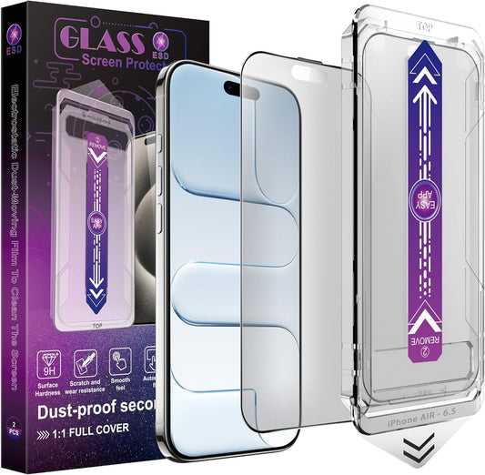 Matte Screen Protector for iPhone Air 6.5-Inch, Auto Dust Removal, 9H Tempered Glass, Full Cover, Anti-Fingerprint, Easy Installation, 2 Pack