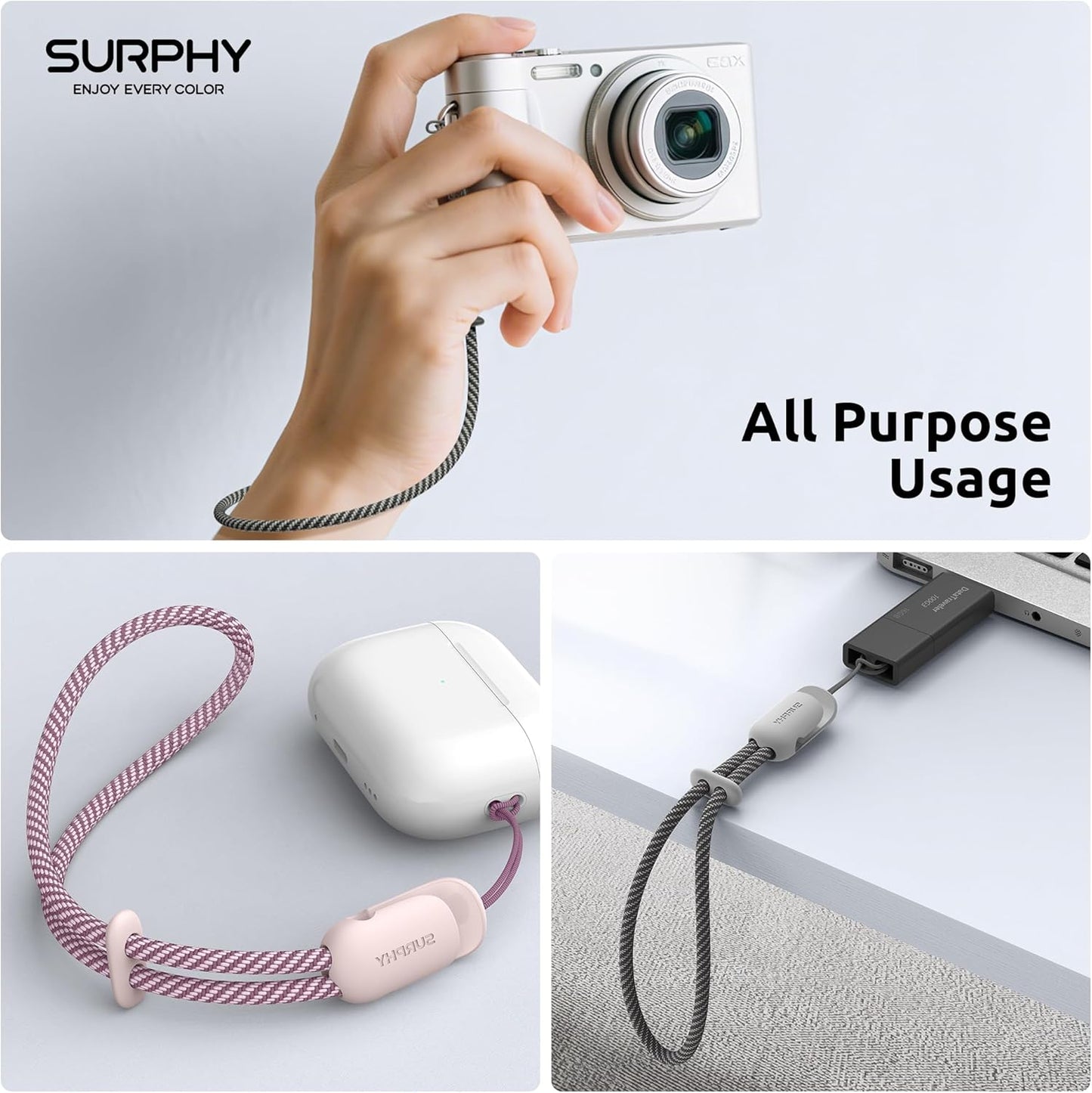 SURPHY 3 Pack Phone Wrist Strap with CellPhone Tether Tab, Cellphone Lanyard, Phone Strap with 2-Color Braided, Wrist Lanyard