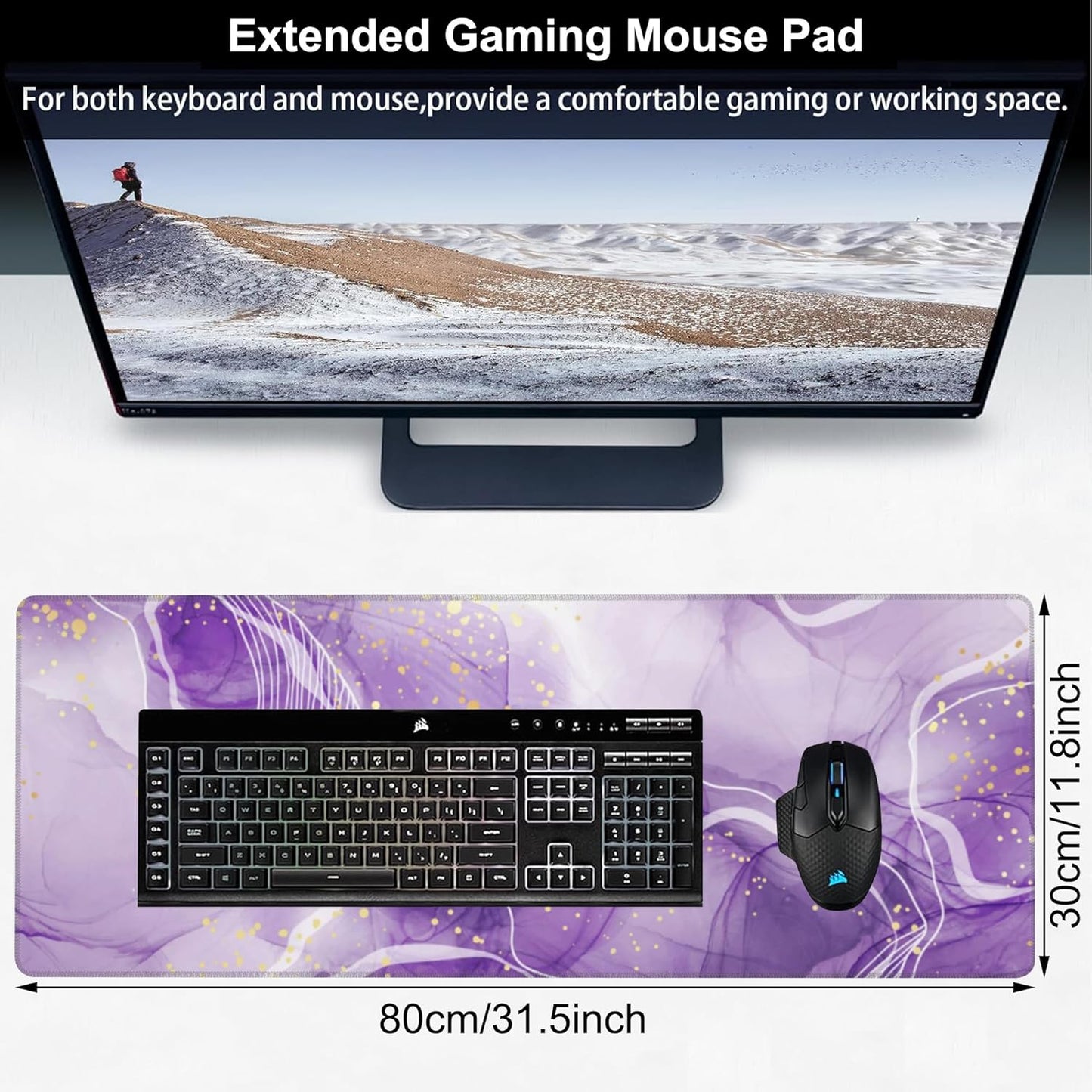 Watercolor Purple Marble Desk Mat,Large Violet Marble Texture Gaming Keyboard Mouse Pad,Non-Slip Rubber Base Desk Pad Thick Stitched Edges Waterproof Mousepad Mouse Mat 31.5"x11.8"