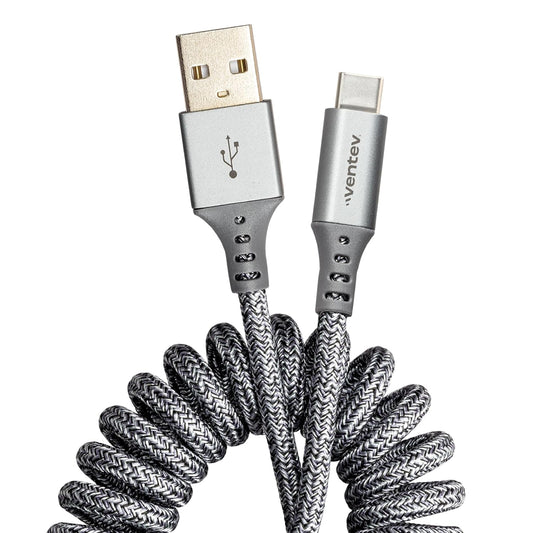 Ventev - Chargesync Helix Cable 14" USB A to USB C, Cloth Covered, Flexible Elastic Recoil Design, Fast Charging, Compatible with iPhone 16/16 Pro/15, MacBook, iPad Pro, Samsung Galaxy S25 - Gray