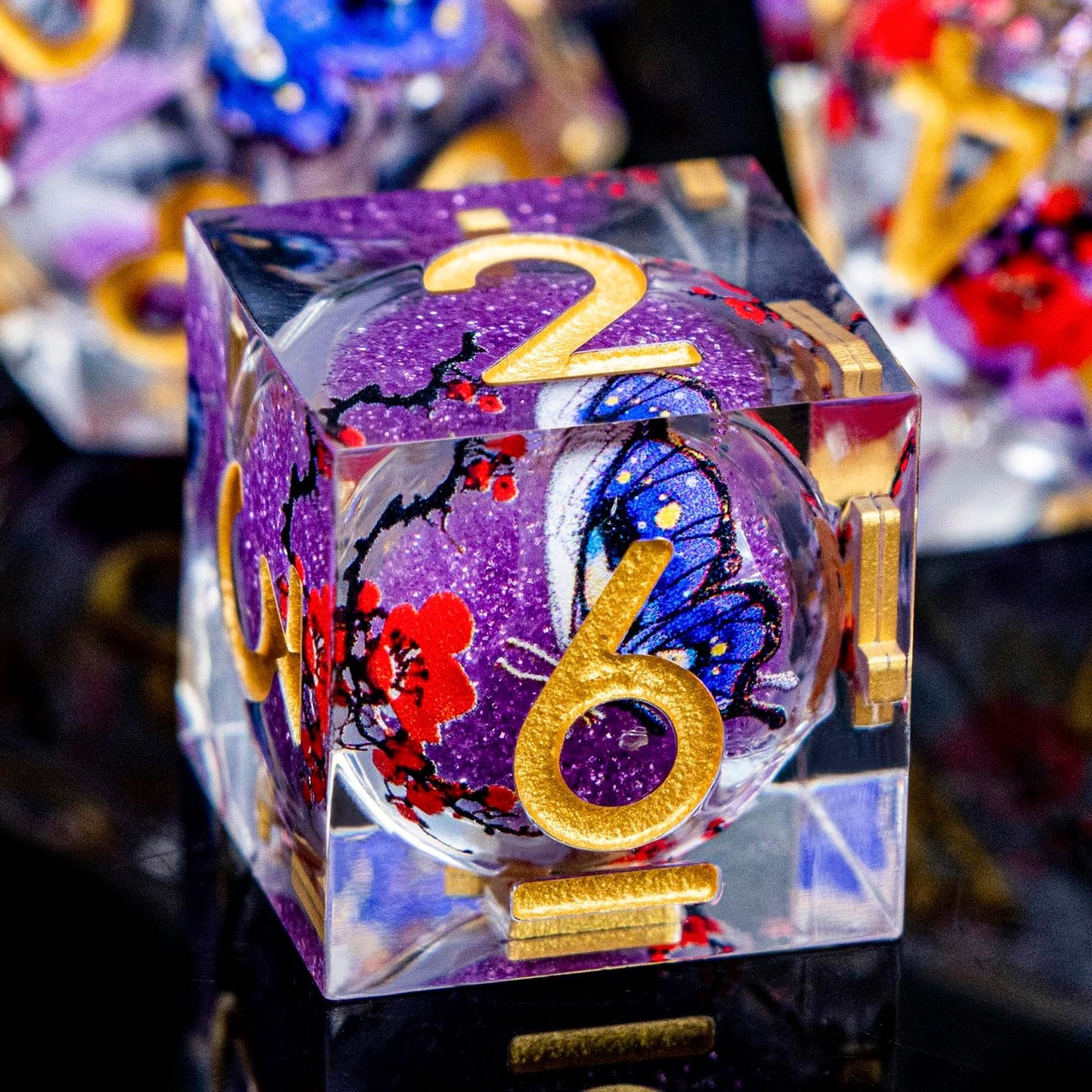 Butterfly DND Dice Purple Liquid Core Dice Set with Metal Box, Handmade Sharp Edge D and D Polyhedral Dice for use with D&D Role Playing Game, D20 D12 D10 D8 D6