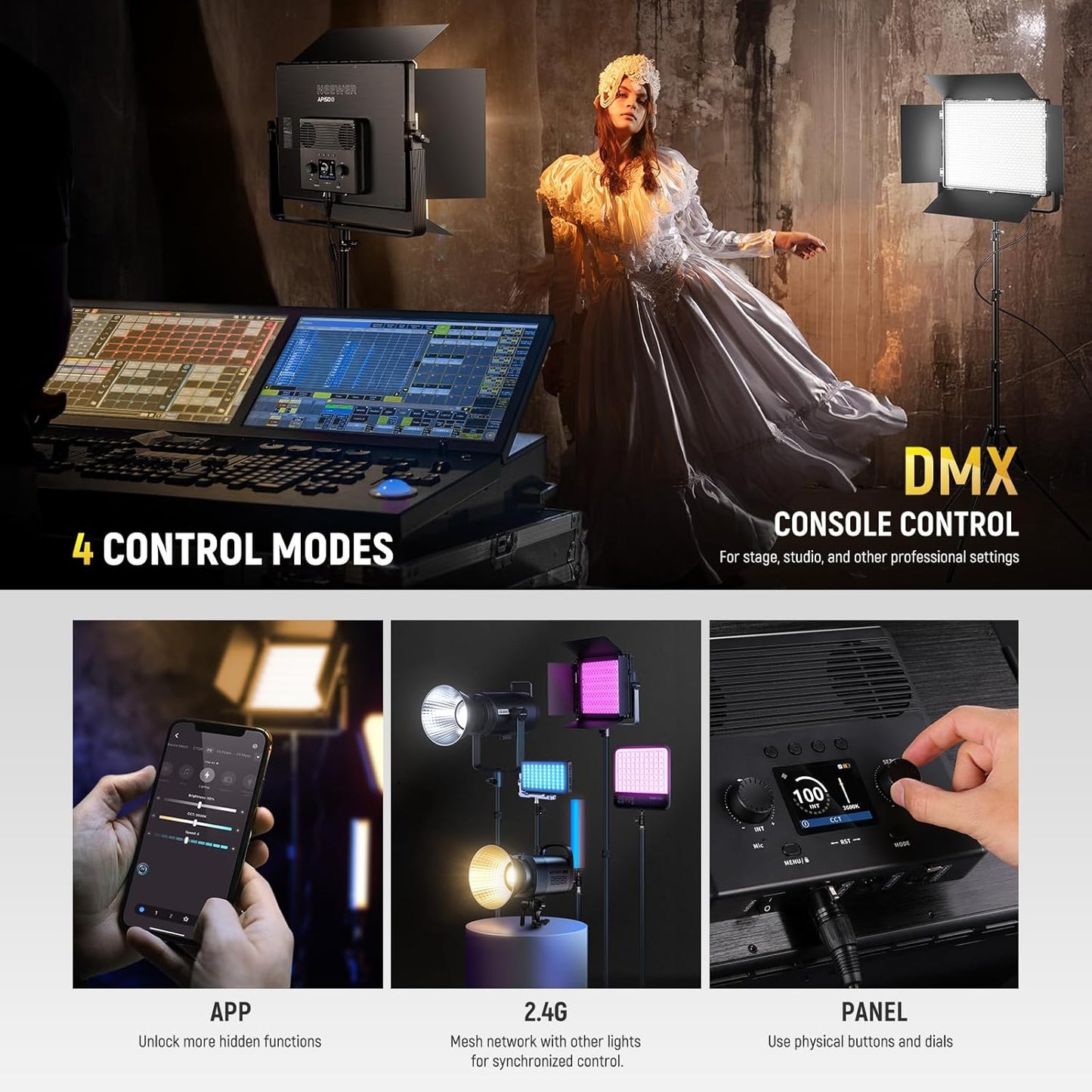 NEEWER 150W Bi Color LED Panel Video Light Kit, 1440 LEDs 49500Lux@0.5m 2500K-8500K CRI96+/TLCI97+ 0-100% Dimming APP/2.4G/Panel/DMX Control for Pro Studio Photography Recording Stage Lighting, AP150B