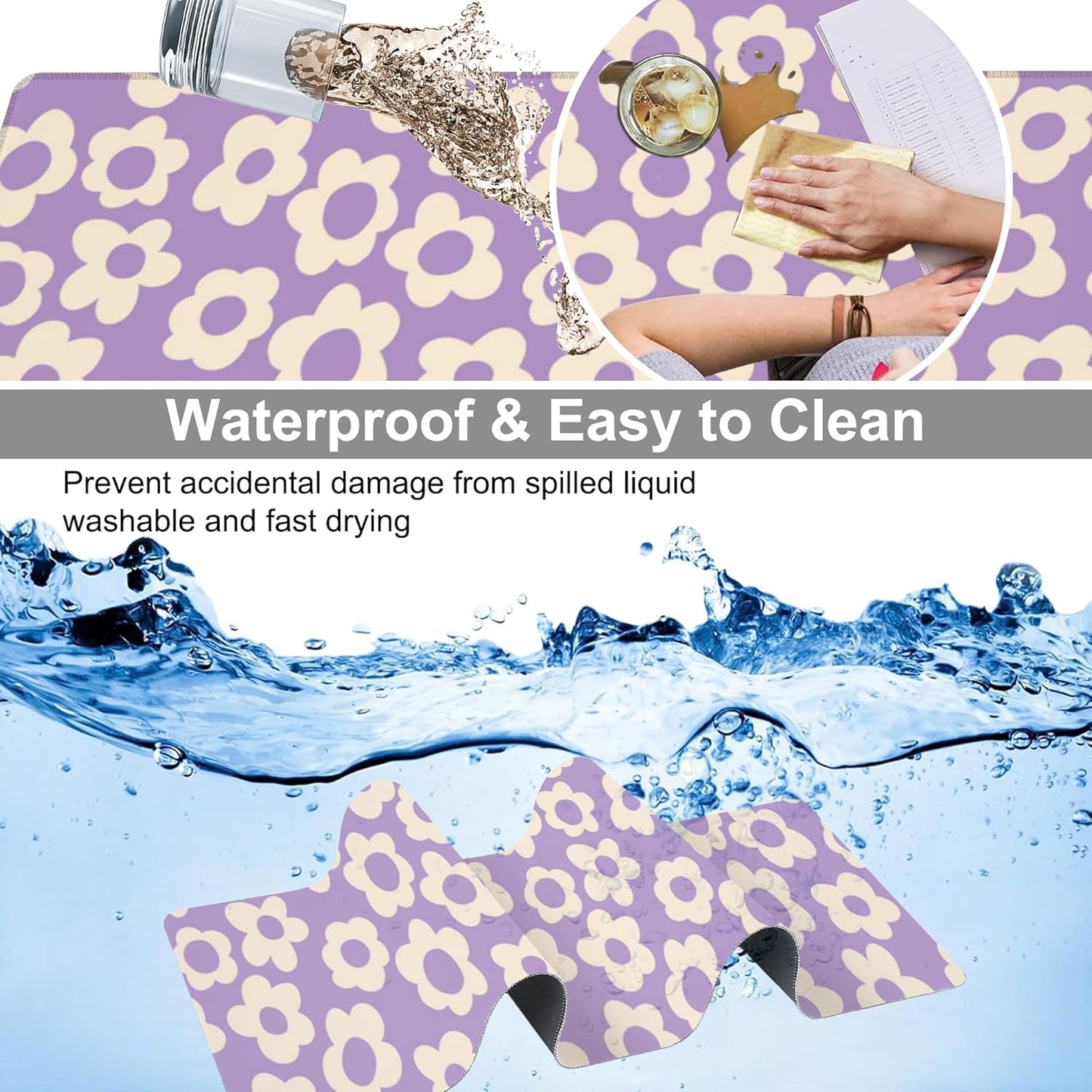 Purple Groovy Flowers Desk Mat,Large Vintage Floral Gaming Keyboard Mouse Pad,Non-Slip Rubber Base Desk Pad Thick Stitched Edges Waterproof Mousepad Mouse Mat 31.5"x11.8"