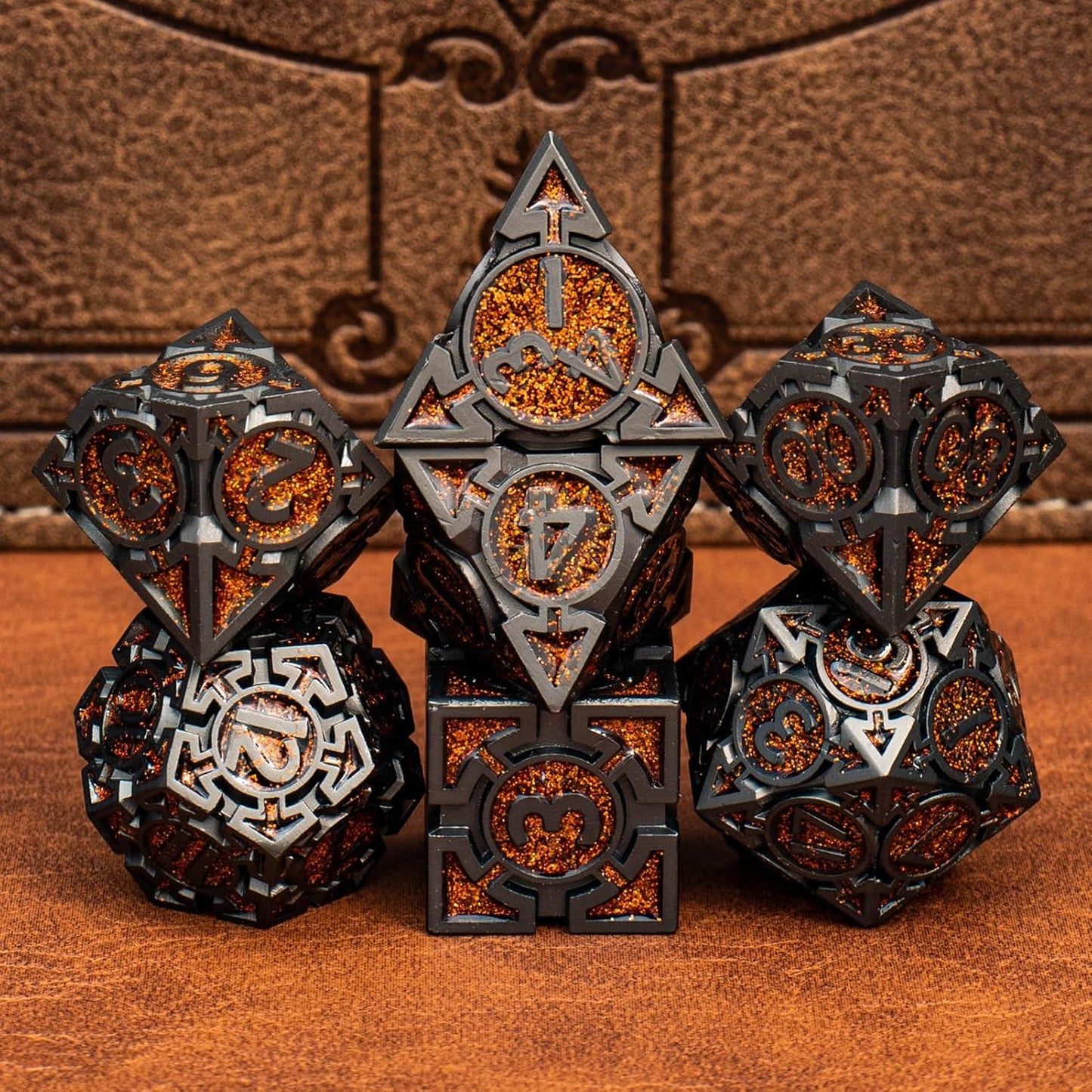Orange Black Nickel Finish Heavy Metal DND Dice Set (Bard) with A Metal Box, Sharp Edge Zinc Alloy D&D Accessories, D4-D20, Designed for Dungeons & Dragons Master, RPG Player, Starter