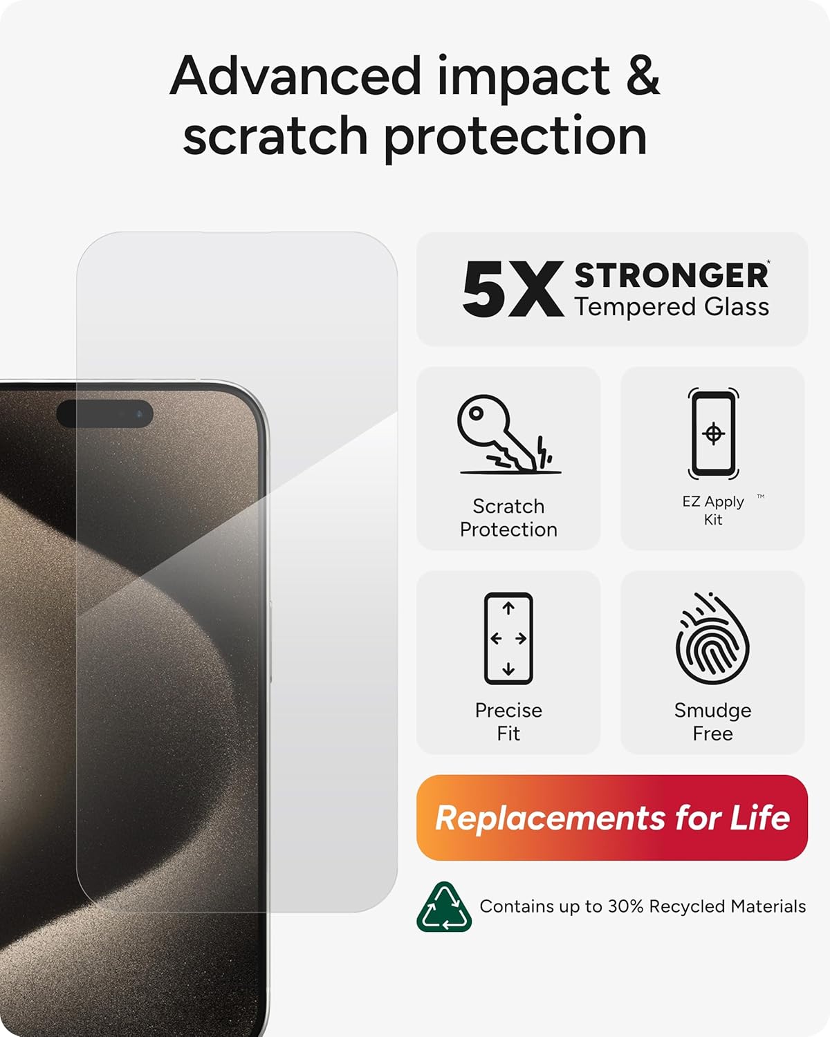 ZAGG InvisibleShield Glass Elite iPhone 15 Pro Screen Protector - 5X Stronger with Reinforced Edges, Scratch & Smudge-Resistant Surface, Easy to Install