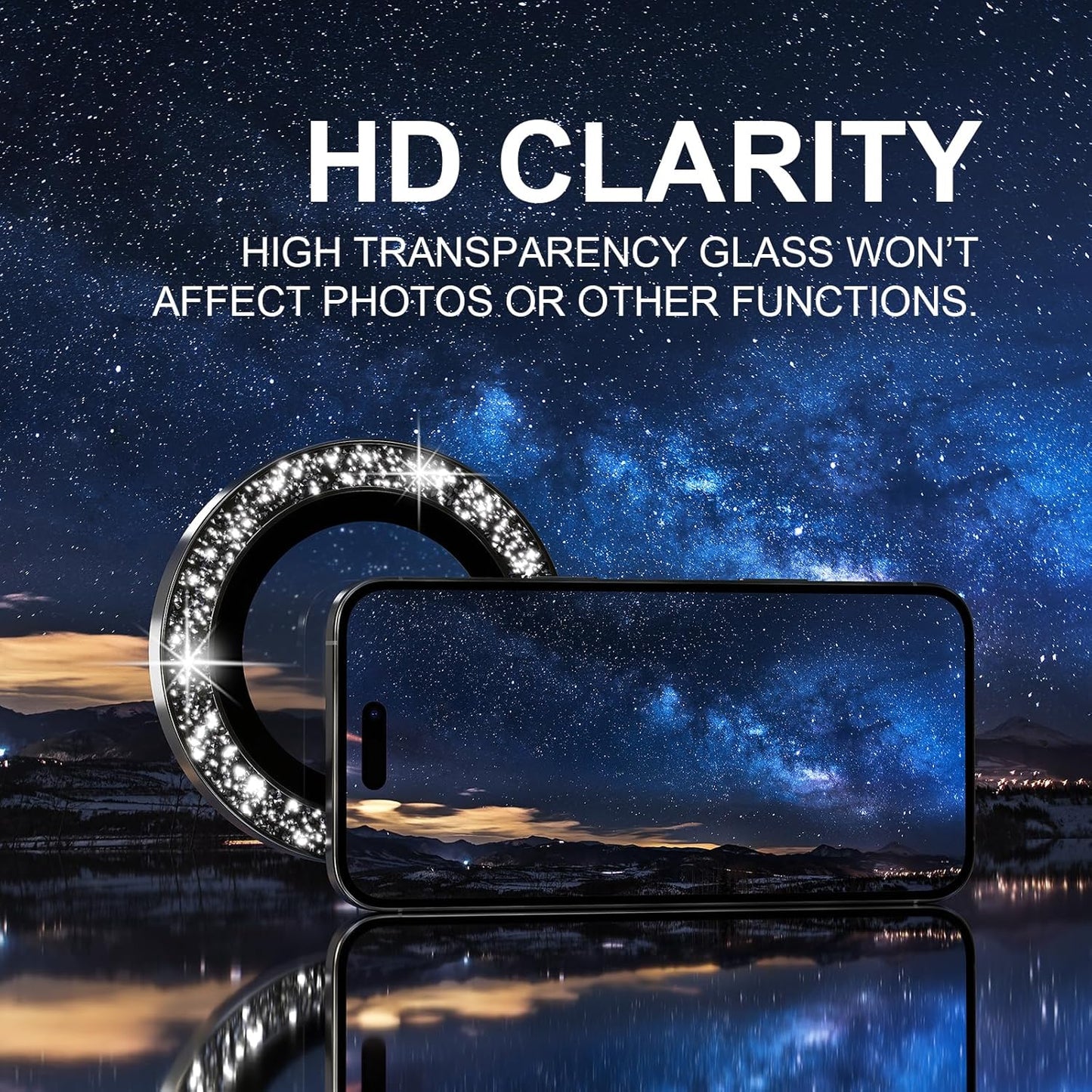 Choiche Compatible for iPhone 16 Pro/iPhone 16 Pro Max Camera Lens Protector Bling, 9H Tempered Glass Camera Cover Screen Protector Metal Ring Decoration Accessories (Glitter-Black)