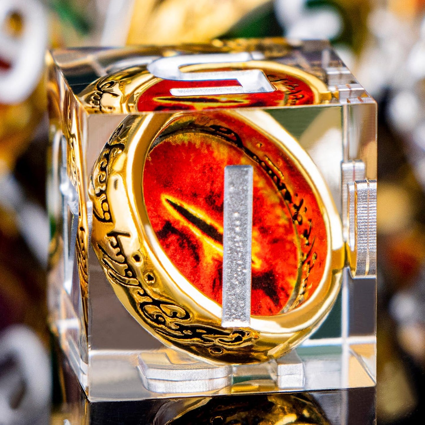 Magic Golden Ring DND Dice Set Sharp Edge Red Gaze Eye Resin Dice with Box, for use with RPG D&D Tabletop Games Lord D and D Polyhedral Dice Set