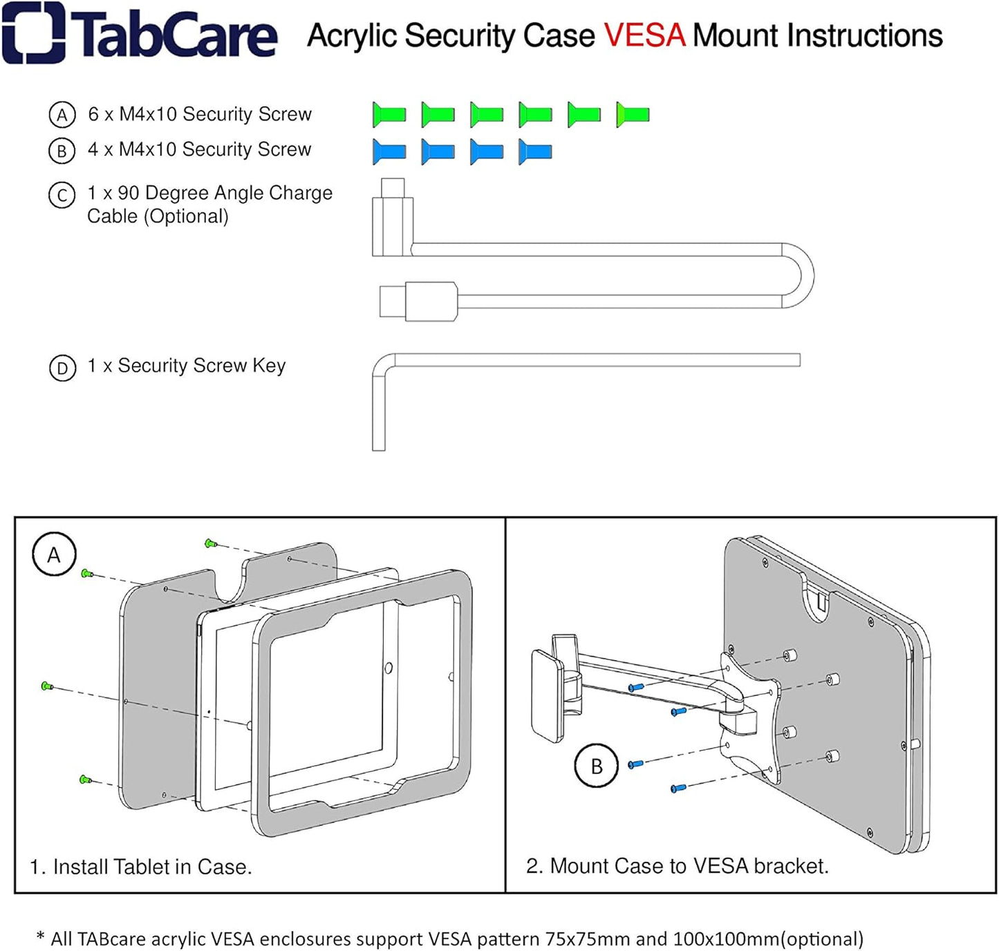 TABcare Anti-Theft Acrylic VESA Enclosure for Apple iPad 7/8/9 10.2" with Free Wall Mount Kit & 90-Degree Angle Charge Cable (iPad 7/8/9 10.2", Black)