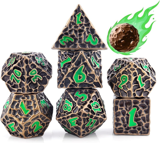 PJOY Metal Dice Set D&D for Dungeons and Dragons Green Metal Druid DND Dice with Case Meteorite Bronze 16mm 7PCS Role Playing Cool DND Gifts for Players DM Game Masters