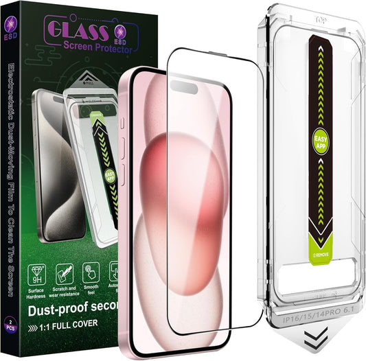 [2-Pack Ultra HD Clear Screen Protector for iPhone 14 Pro/15/16 (6.1-Inch),9H Tempered Glass,Full Coverage,Anti-Fingerprint,Auto Dust Removal,Bubble-Free,Easy Installation