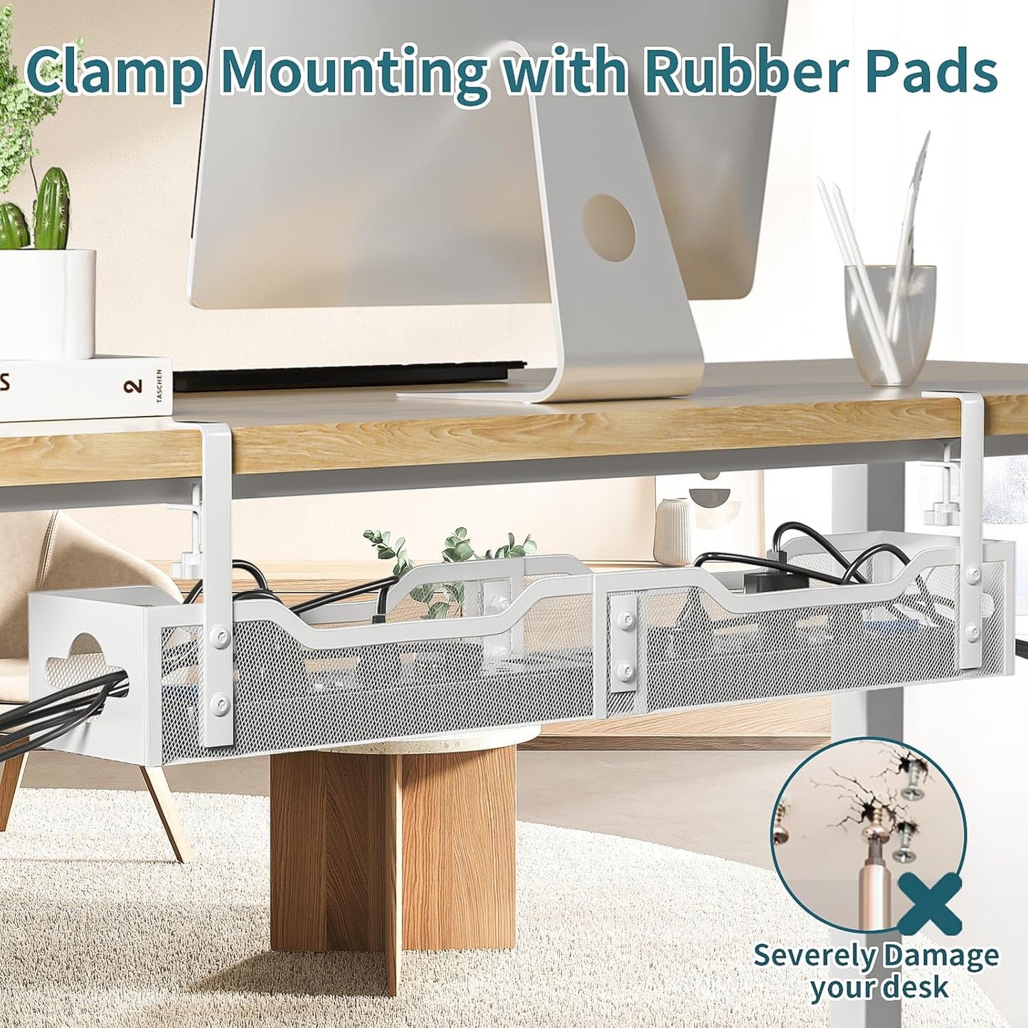 Under Desk Cable Management Tray White, Litwaro Cable Management Under Desk No Drill, 25'' Cable Tray with Clamp for Wire Management, Cord Organizer for Office, Home - No Damage to Table