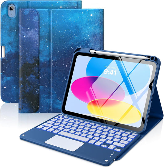 MoKo Touch Keyboard Case for iPad (A16) 11th Generation 11 inch 2025, iPad 10th Generation 10.9 inch Case with Pencil Holder, 7 Colors Backlit TrackPad Detachable Bluetooth Keyboard, Blue Starry Sky