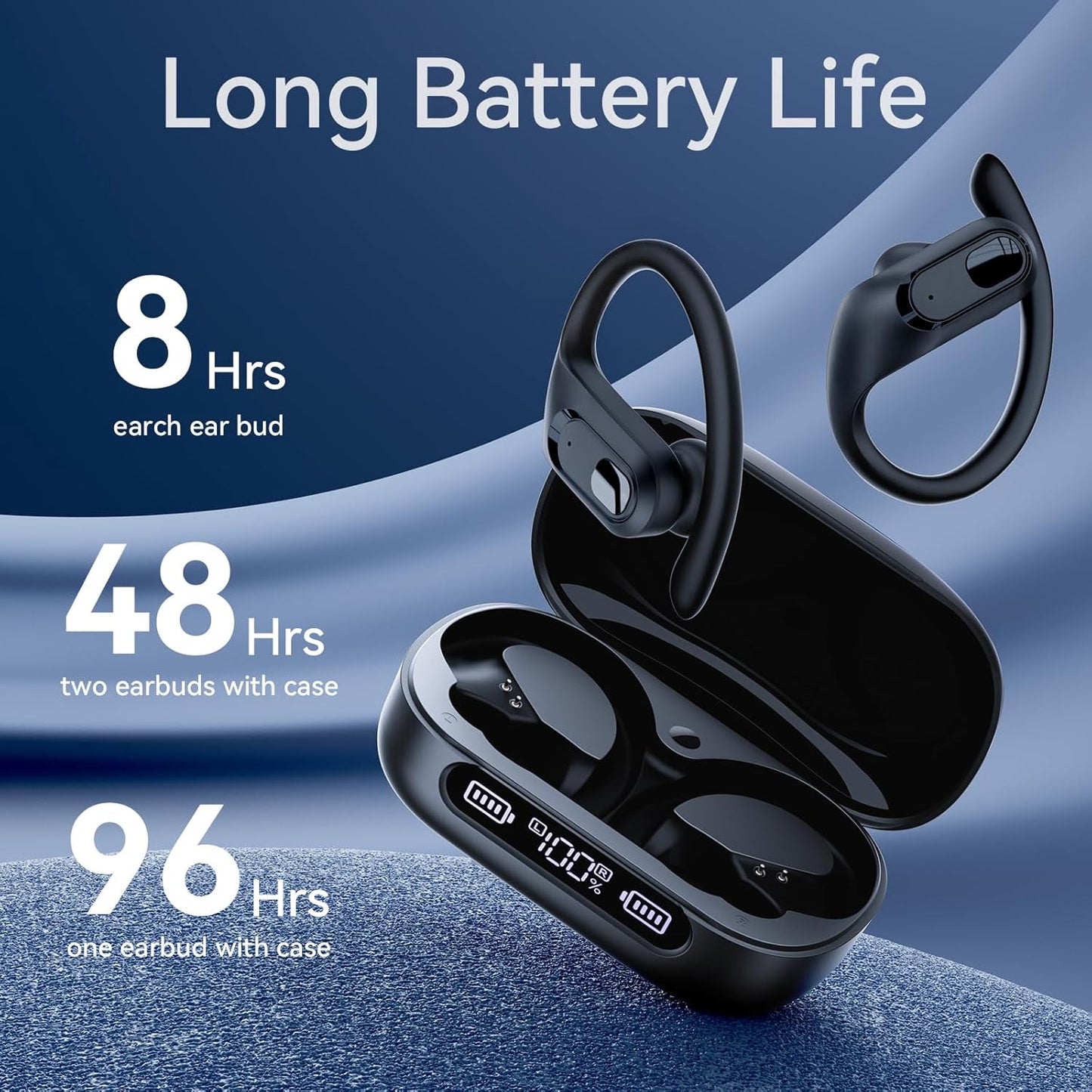 occiam Hybrid Active Noise Cancelling Ear Buds Wireless Earbuds Bluetooth Headphones 96Hrs Playback LED Display Over-Ear Waterproof Earphones with Earhooks Mics Clear Call for Sport/Running/Workout
