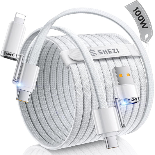 SHEZI 4-in-1 Compatible with USB C to Lightning Cable 100W Fast Charging & Data Transfer, Support to CarPlay & Android Auto, 5FT Multi Cords Charger for iPhone/iPad/Samsung/MacBook Cable, White