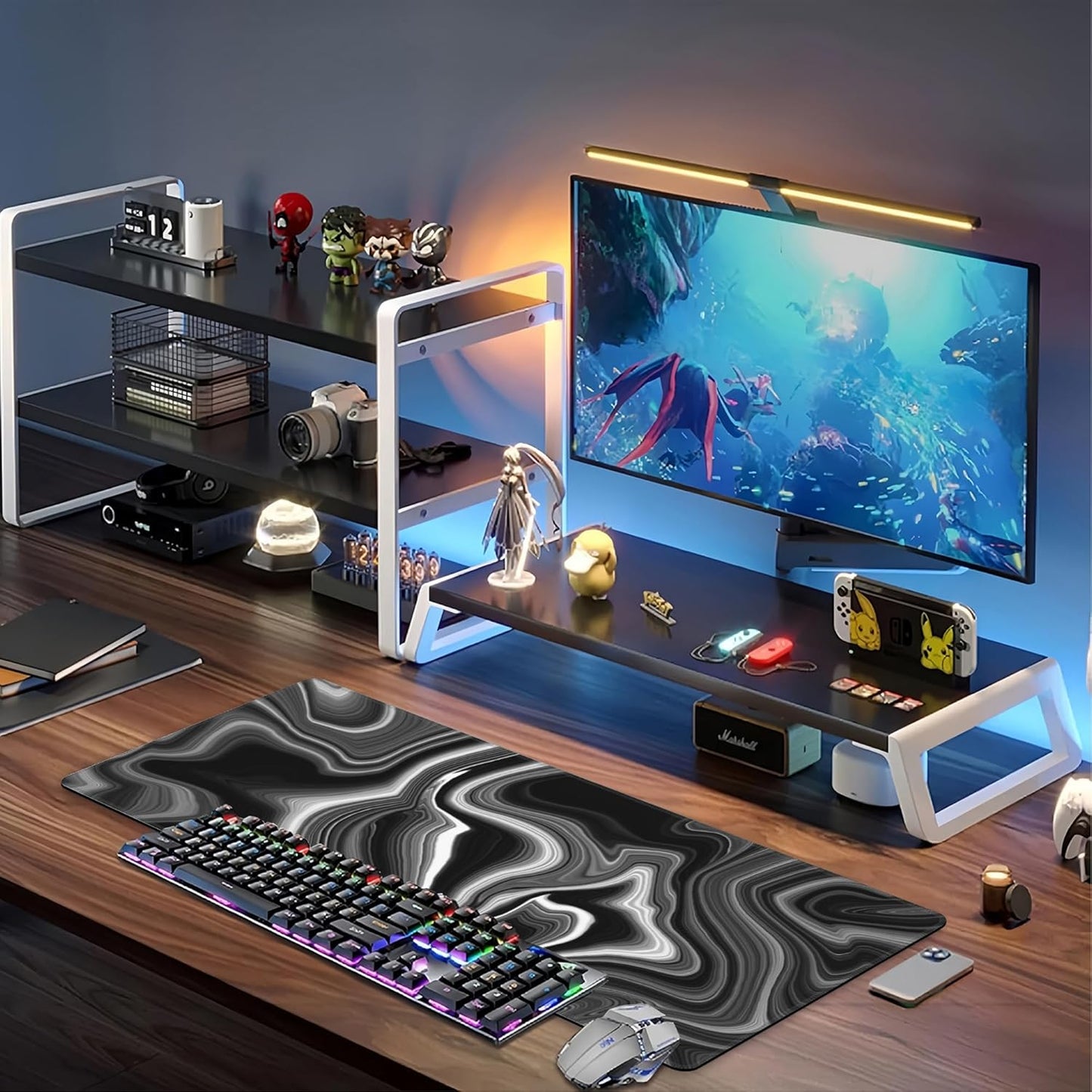 Black and White Marble Desk Mat,Large Marble Ink Texture Gaming Keyboard Mouse Pad,Non-Slip Rubber Base Desk Pad Thick Stitched Edges Waterproof Mousepad Mouse Mat 31.5"x11.8"