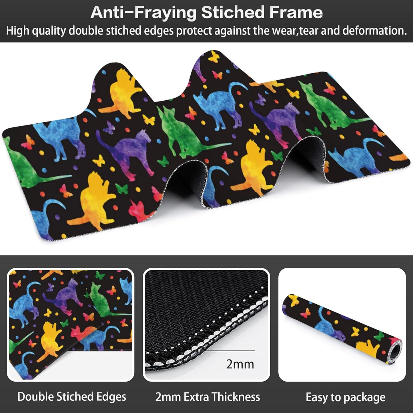 Colorful Cats and Butterflies Desk Mat,Large Watercolor Kittens Butterfly Gaming Keyboard Mouse Pad,Non-Slip Rubber Base Desk Pad Thick Stitched Edges Waterproof Mousepad Mouse Mat 31.5"x11.8"