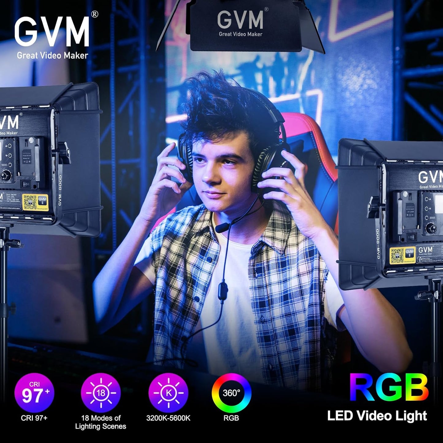 GVM RGB LED Video Lighting Kit, 800D Studio Video Lights with Panel, APP Control for YouTube Photography Lighting, , 3200K-5600K, 8 Kinds of The Scene Lights, 3 Packs