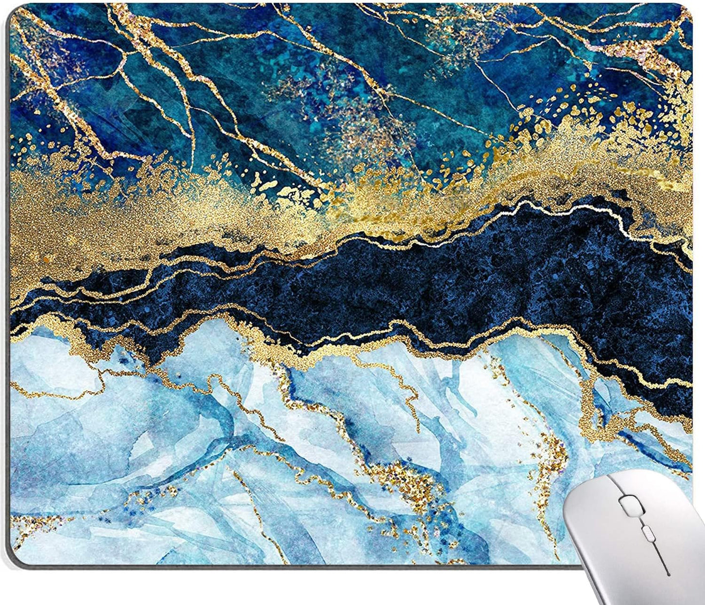 Mouse Pad, Marble Mouse Pad, Premium-Textured Mouse Mat Square Waterproof Non-Slip Rubber Base Computer Mousepad for Office Laptop Desk, Blue Gold Cracked Marbling