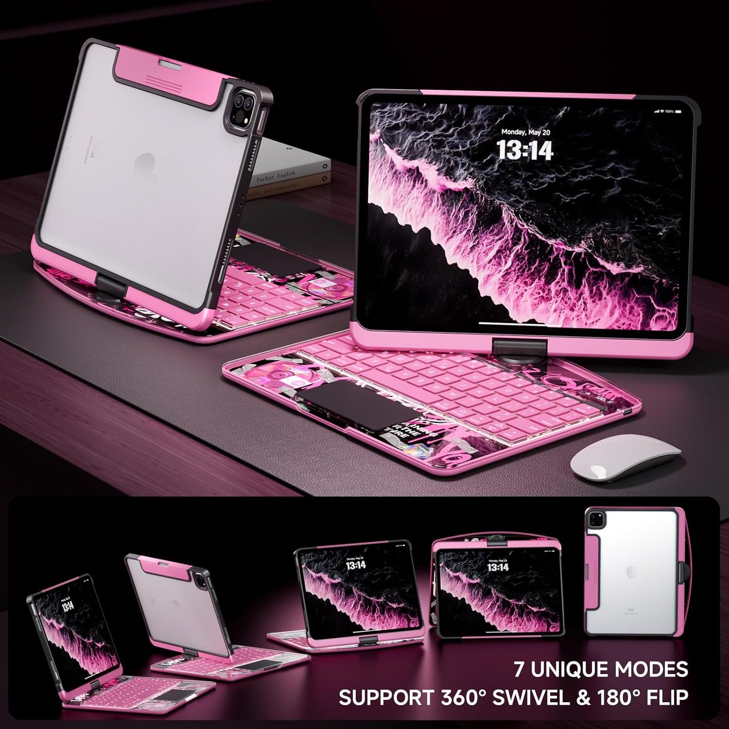 Transparent Case with Keyboard for 2024 iPad Pro 13 inch (M4), iPad Pro 13,7-Color Backlit,Magic Wireless Keyboard, 360°Rotating,Multi-Touch trackpad,Pencil Holder,with Shortcuts,Pink