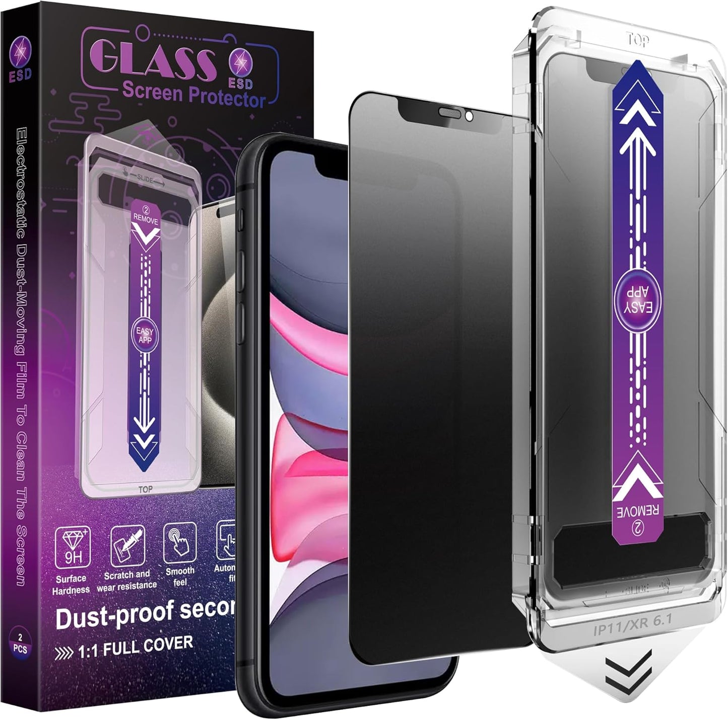 2 Pack Matte Privacy Screen Protector for iPhone 11 / iPhone XR, 9H Tempered Glass, Full Coverage, Anti-Fingerprint, Auto Dust-Elimination, No Bubble, Easy Installation