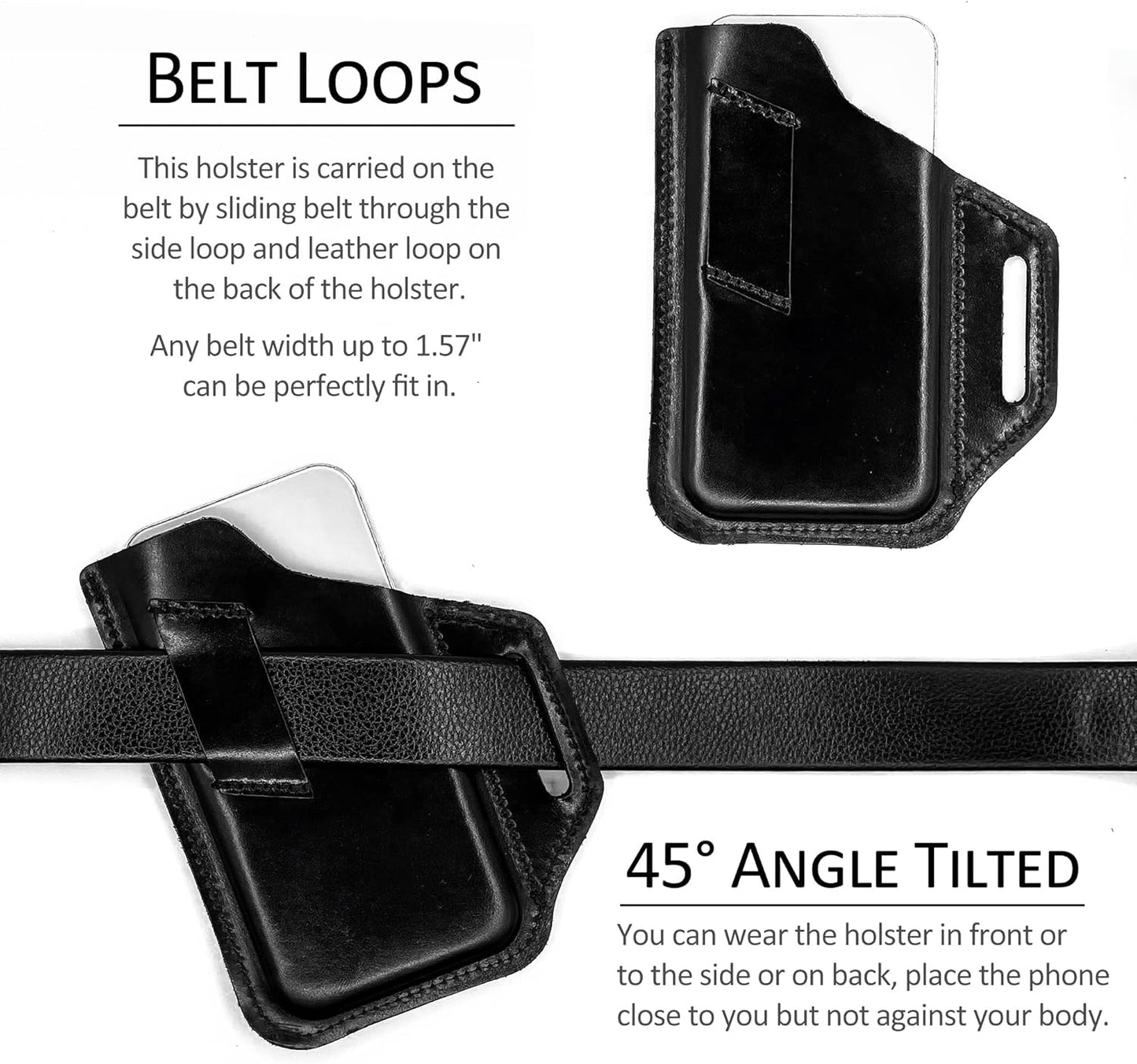 TobbinGear Leather Belt Phone Pouch, Leather Cell Phone Holster, Universal Phone Case with Belt Loops, for Men and Women Large Black