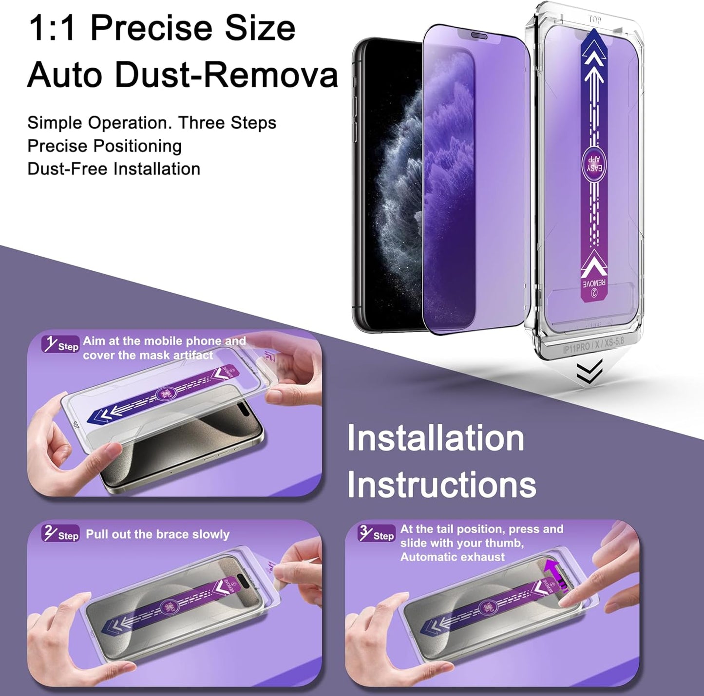 2 Pack Anti Blue Light Matte Screen Protector for iPhone X/iPhone XS/iPhone 11 Pro, 9H Tempered Glass, Full Coverage, Anti-Fingerprint, Auto Dust-Elimination, No Bubble, Easy Installation