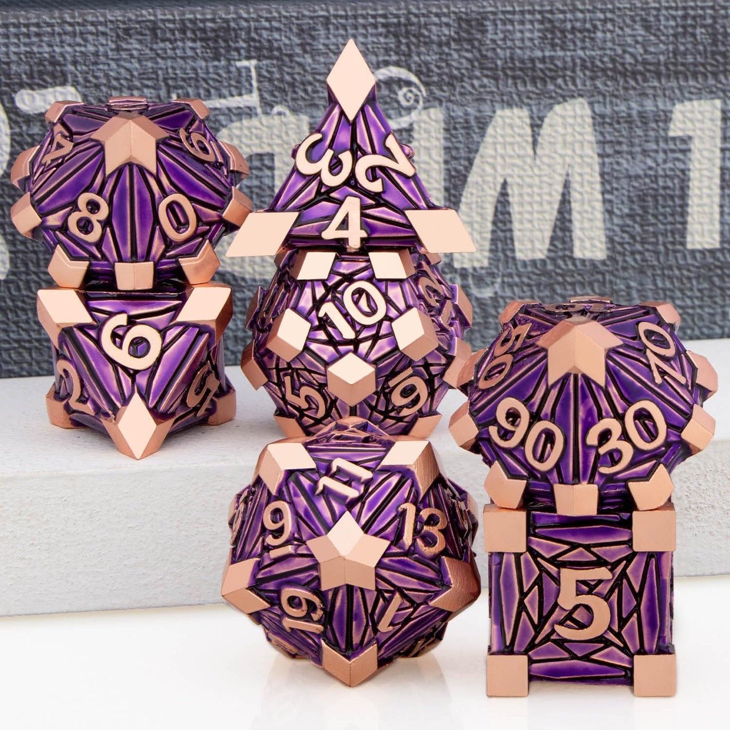 7PCS Metal DND Dice Set with Box, Debris RPG Purple D and D Dice for use with D&D Tabletop Games Role Playing Game Polyhedral Dice Set D20 D12 D10 D8 D6 D4