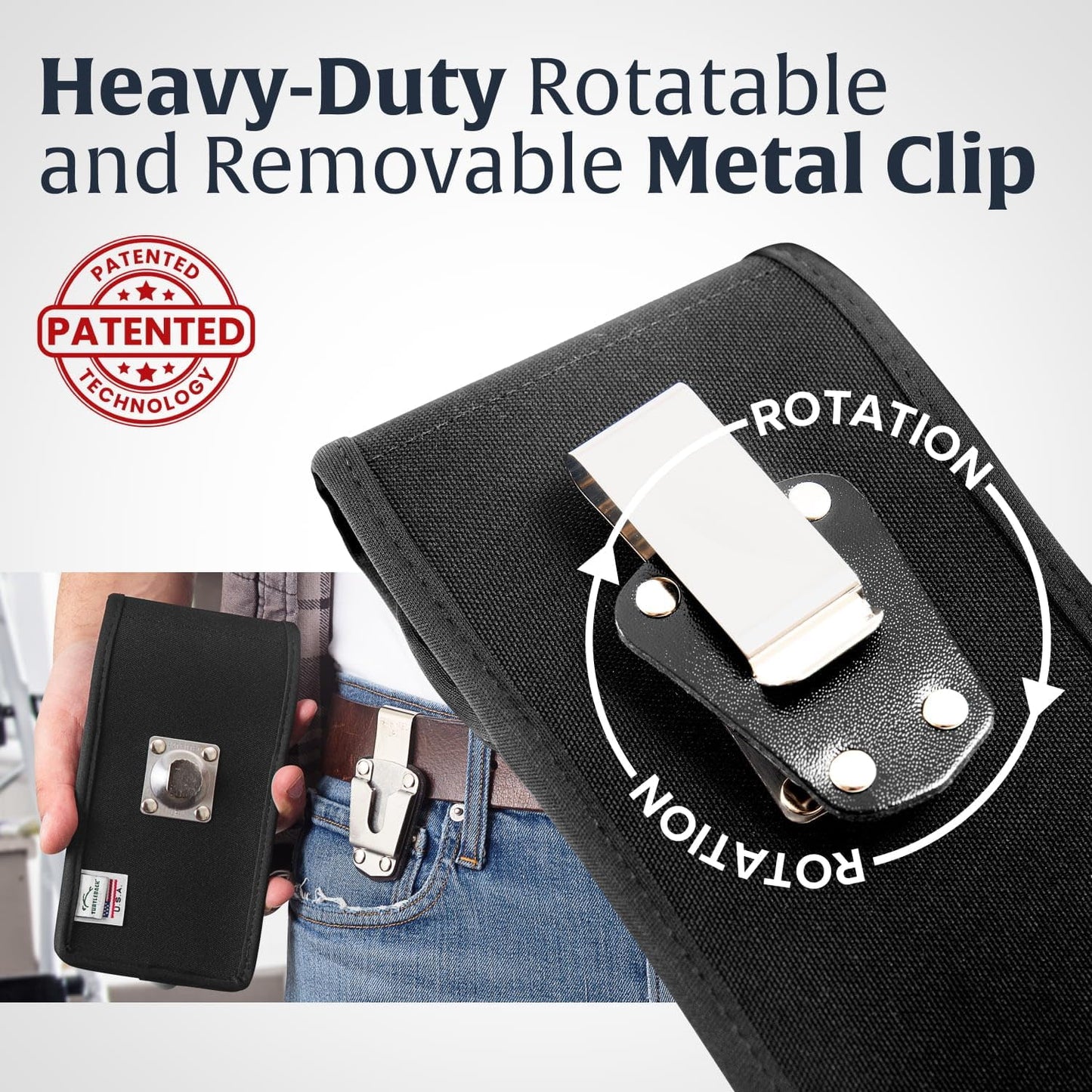 Turtleback Belt Clip for iPhone 16 Pro, 16e, 15 pro 14 Pro 13 Pro -Small- Fits w/Slim MagSafe Style Cases - Premium Black Nylon, Vertical Belt Holder, Magnetic Closure, HD Rotating Belt Clip