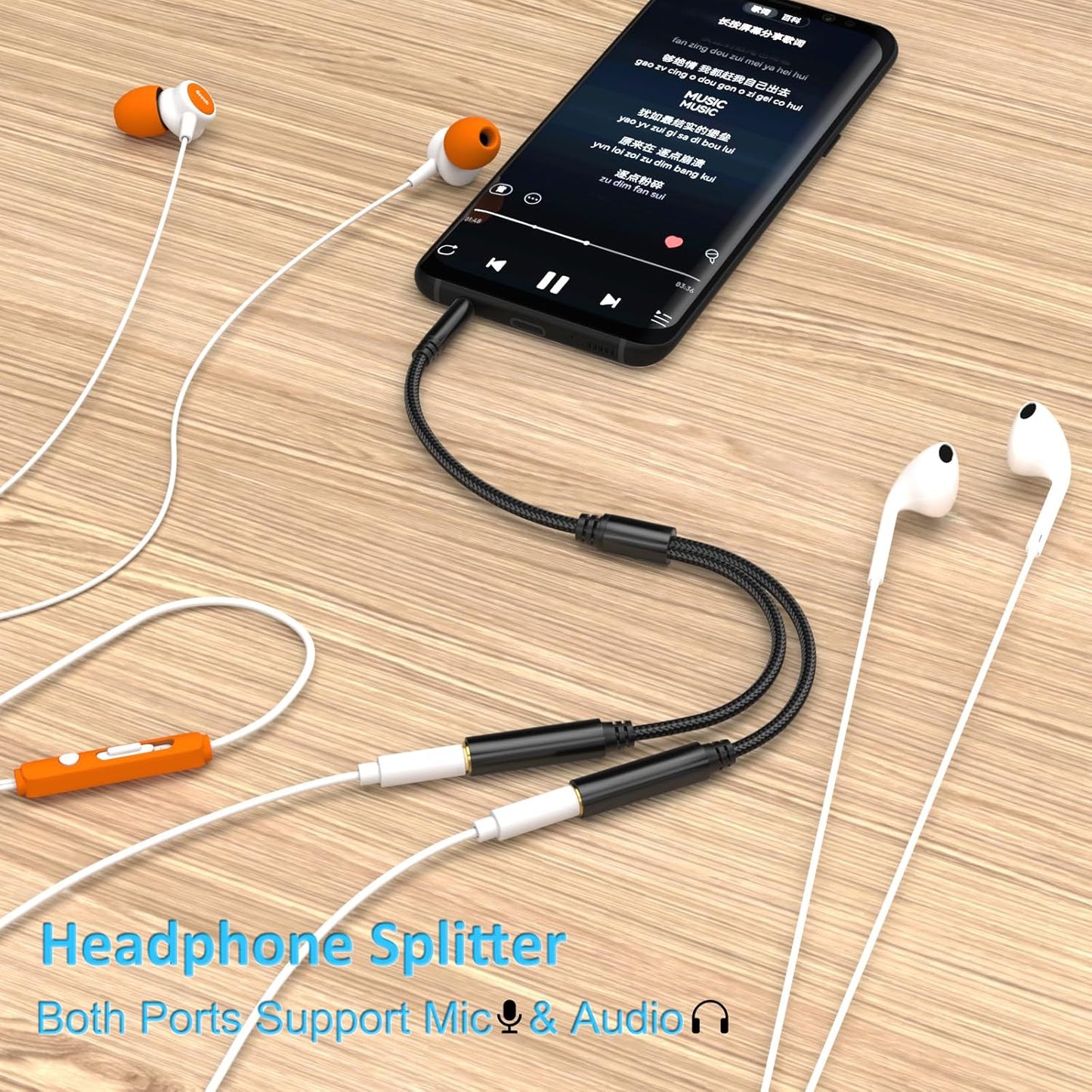 3.5mm TRRS Splitter for 2 Headphones 1FT 2-Pack, Dual Support Audio & Mic, 3.5 mm Aux Jack Cable 1 in 2 out, Double 1/8" Stereo Female Adapter,Headset Split Y Cord 2 Way for Phone/Tablet/Laptop/PC/MP3