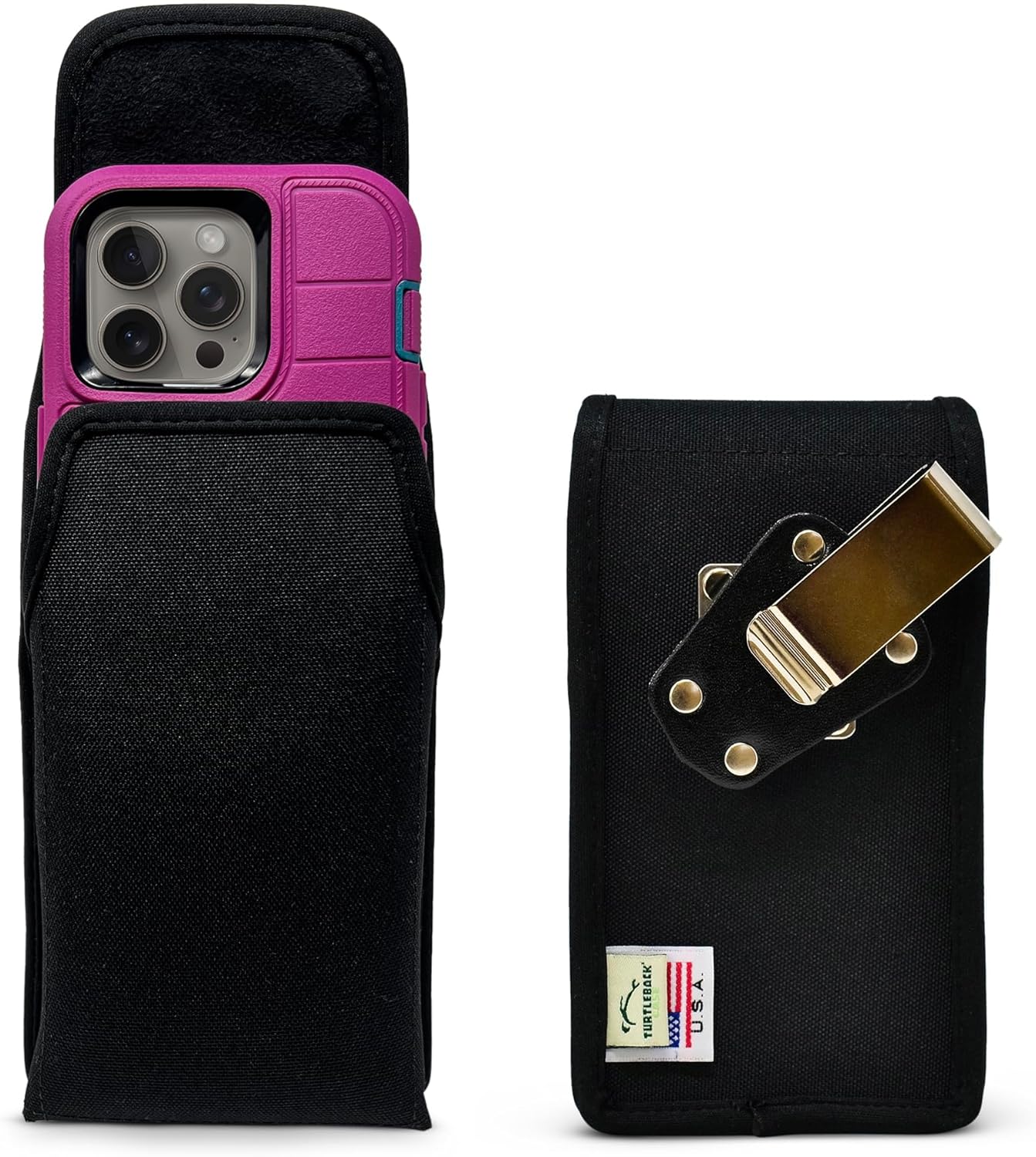 Turtleback Belt Clip for iPhone 16 Pro, 16e, 15 pro 14 Pro 13 Pro -Large- Fits w/Defender Bulky Style Cases - Premium Black Nylon, Vertical Belt Holder, Magnetic Closure HD Rotating Belt Clip