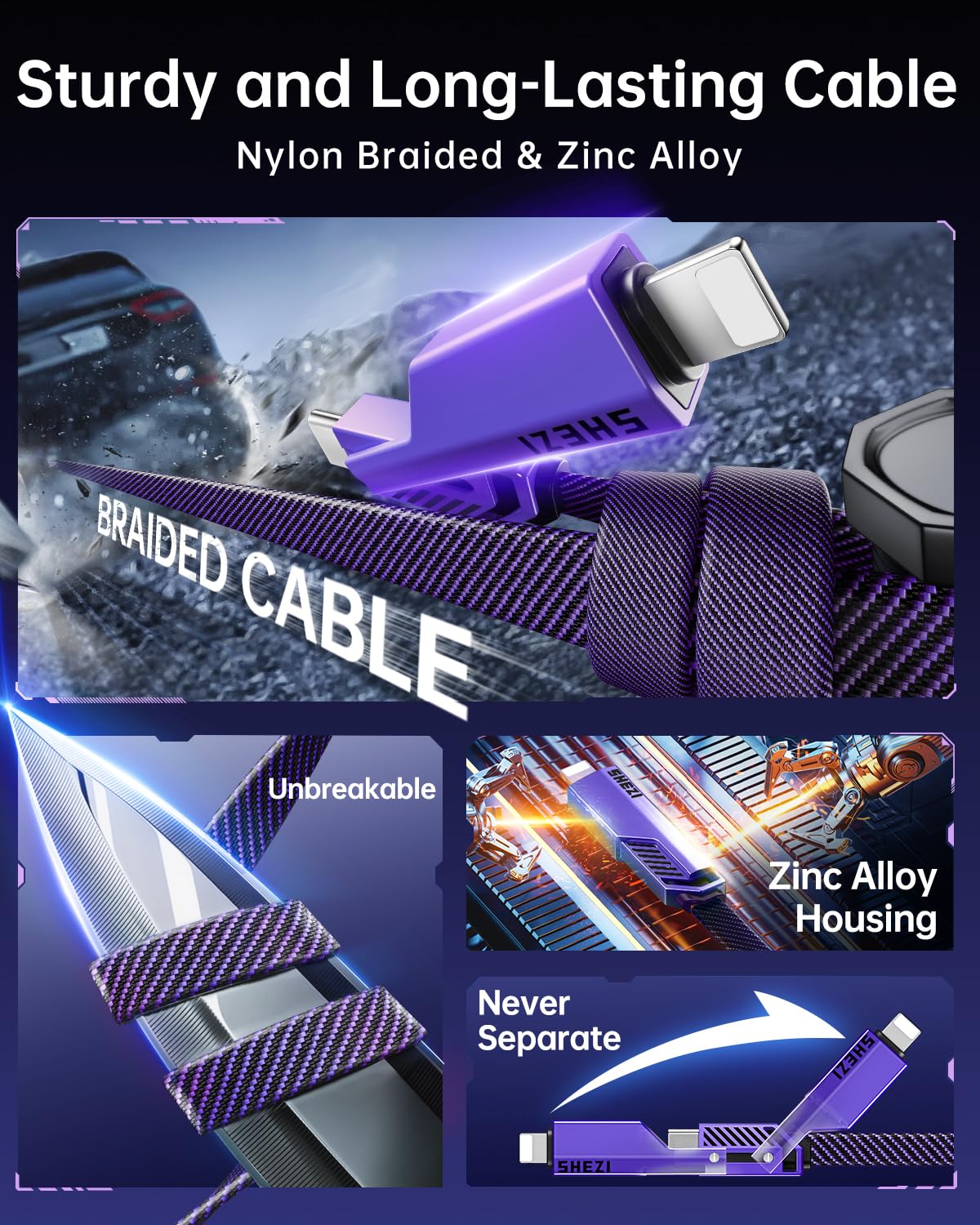 SHEZI [Upgraded 2.0 4-in-1 USB C Cable 60W 5FT Fast Charging [480Mbps Data Transfer] Flat Nylon Braided Charger Cord Combo, USB A/C to C/L Multi Charge Cable for iPhone/iPad & Most Devices, Purple