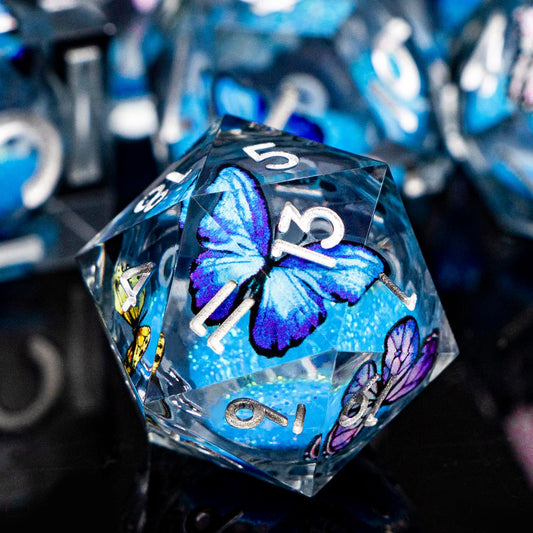 Butterfly DND Dice Blue-Black Liquid Core Dice Set with Metal Box, Handmade Sharp Edge D and D Polyhedral Dice for use with D&D Role Playing Game, D20 D12 D10 D8 D6