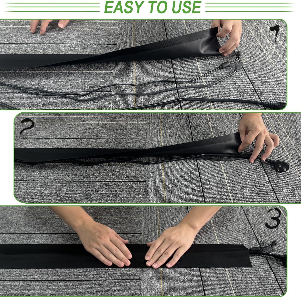 Floor Cable Covers - 10ft Oxford Fabric Cord Protector with Adhesive Hook & Loop,Waterproof Wire Storage Sleeve for Any Floor Surface,Durable Cable Management to Prevent Tripping Hazards (Black, 10ft)