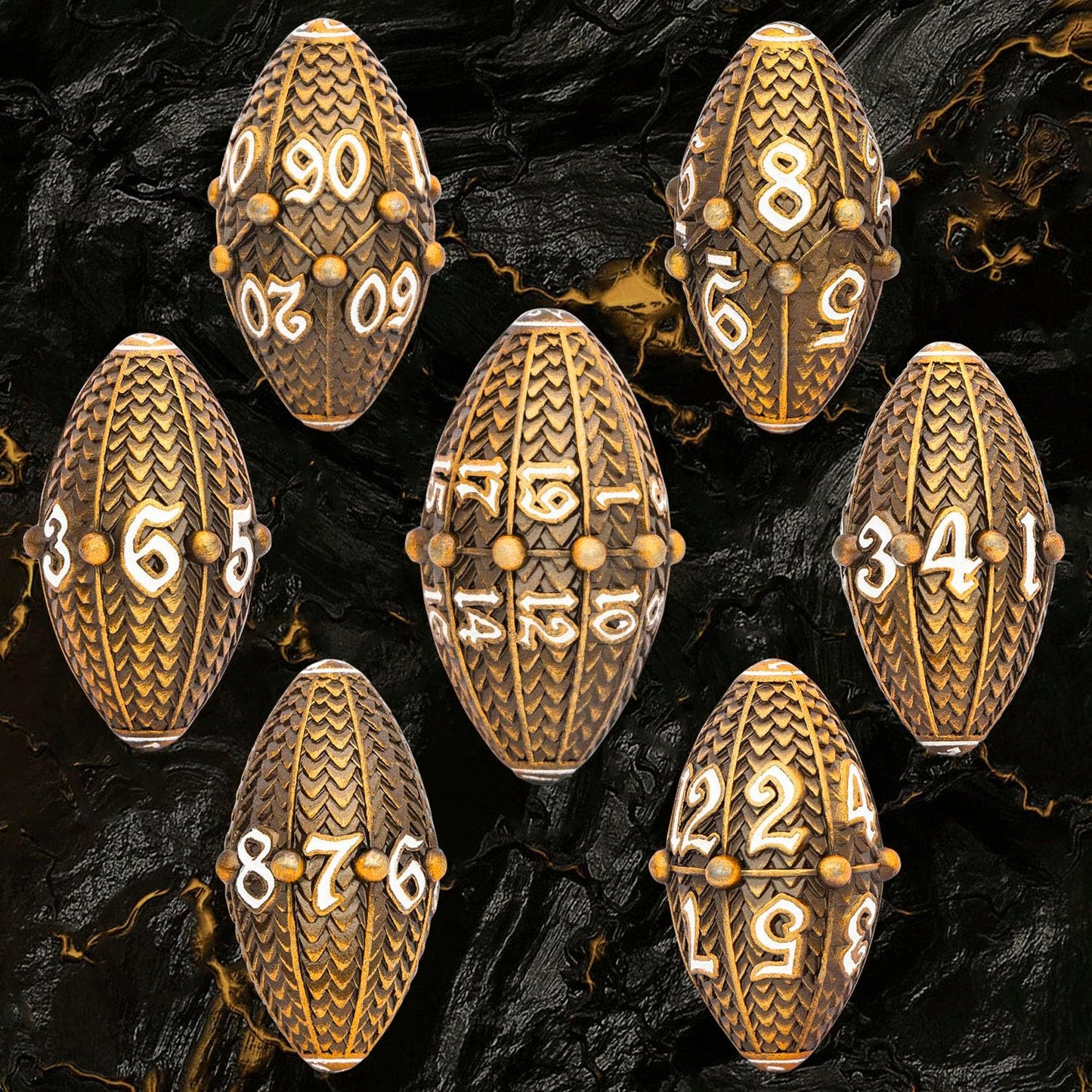 ARUOHHA DND Metal Dice Antique Gold Dragon Egg Dice with Metal Box, Role Playing Game RPG Polyhedral D and D Dice Set D20 D12 D10 D8 D6 D4