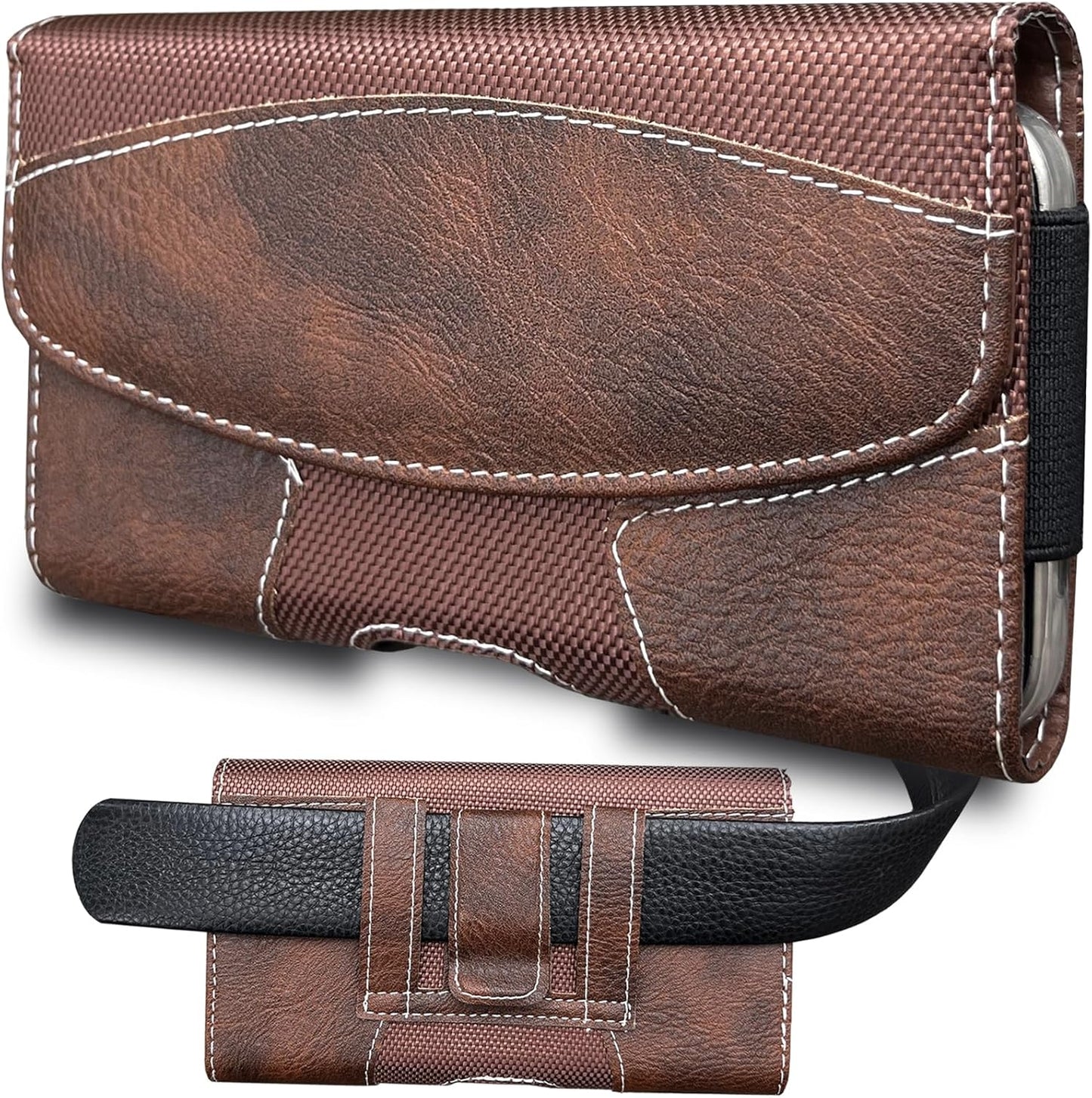 Leather Phone Holster for Men with Belt Clip, Cell Phone Holder for iPhone 17/16/15/14/13/12 Pro, Galaxy S24/S23/S21, Belt Pouch Case Magnetic Closure (Brown-L)