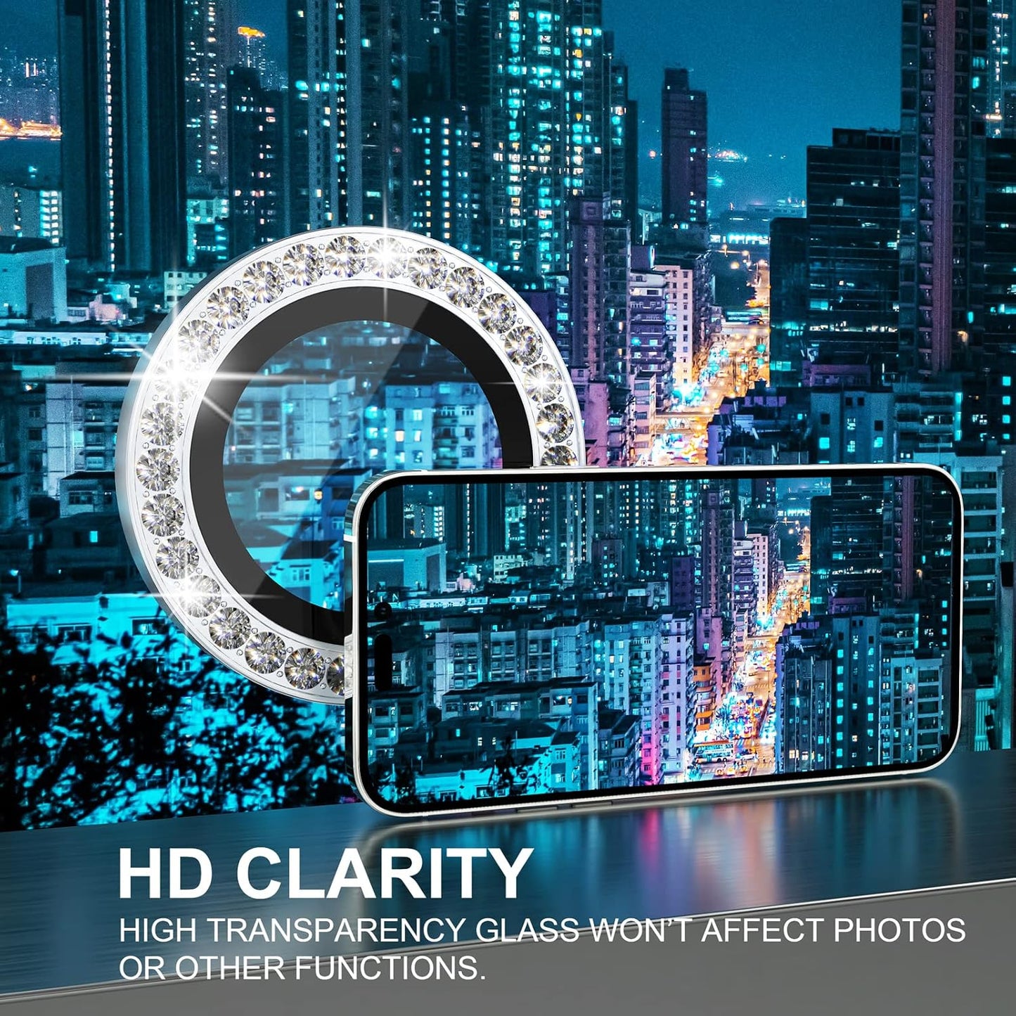 Choiche [3+1 for iPhone 14 Pro/iPhone 14 Pro Max Camera Lens Protector Bling, 9H Tempered Glass Camera Cover Screen Protector Metal Ring Decoration Accessories (Diamond-Silver)