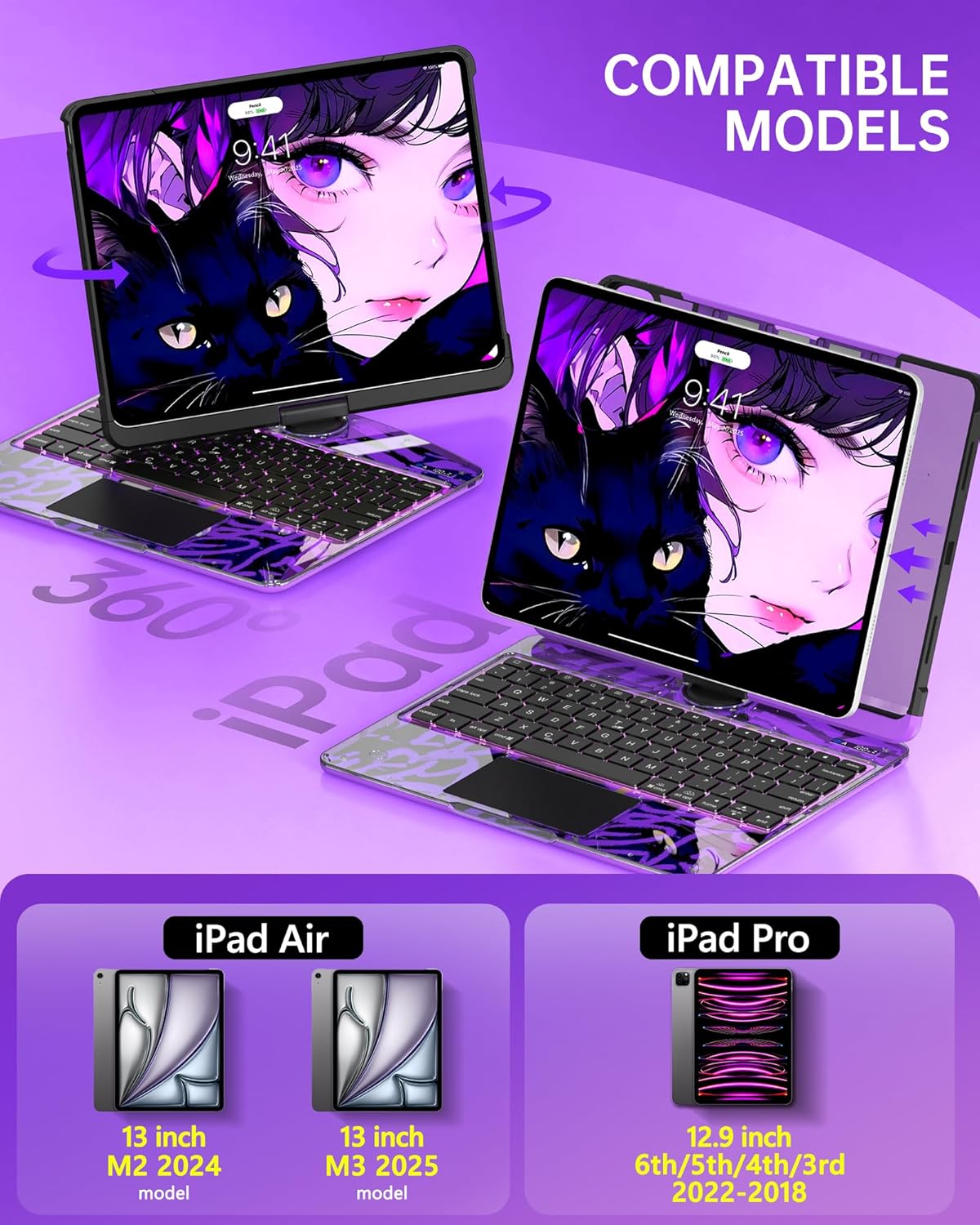 Intermerge Clear Keyboard Case for iPad Air 13" (M3/M2, 2025/2024) & Pro 12.9" (2022-2018) - 360° Rotatable Trackpad, RGB Backlit Keyboard, Pencil Holder, Power Indicator, Type-C, Neon Pulse