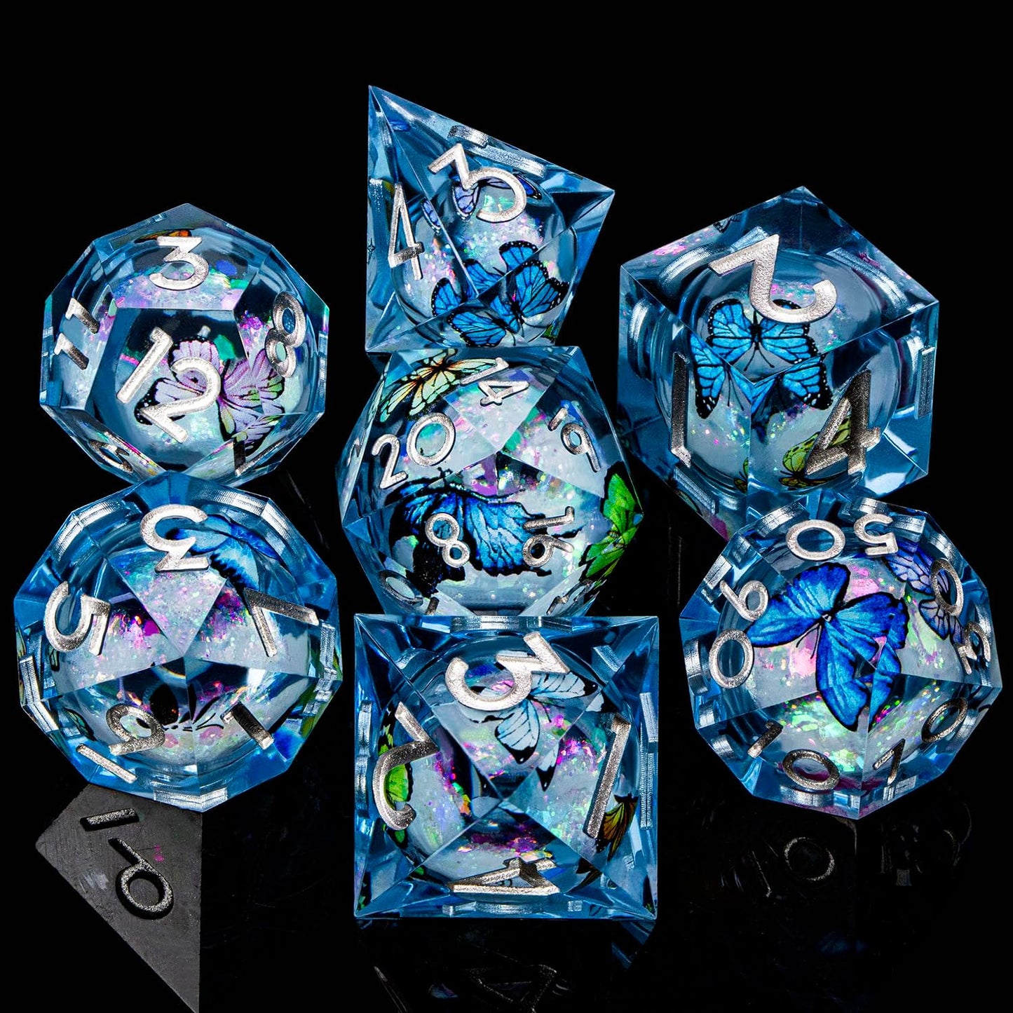 Butterfly DND Dice Colorful Blue Liquid Core Dice Set with Metal Box, Handmade Sharp Edge D and D Polyhedral Dice for use with D&D Role Playing Game, D20 D12 D10 D8 D6 ﻿