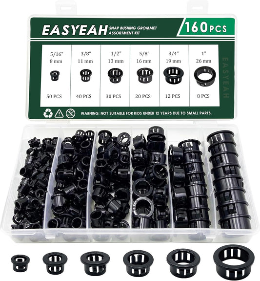 160 Pcs 6 Sizes Cable Snap-in Knockout Insulating Bushing Grommets Assortment Kit, 5/16, 3/8, 1/2, 5/8, 3/4, 1 Black Nylon Plastic Hole Grommets for Wiring, Wire Cord Hose Tubing Protector
