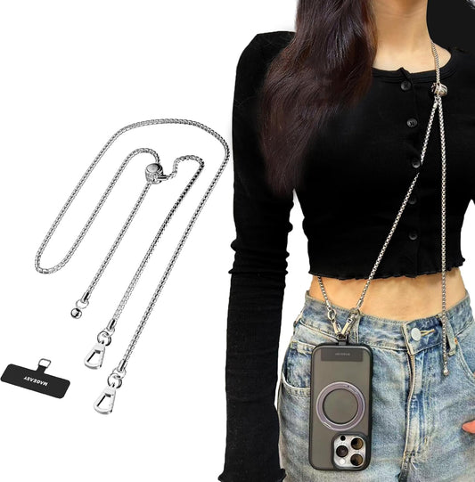 MAGEASY Crossbody Phone Chain Strap - Universal Metal Crossbody Phone Lanyard With Adjustable Length, Chic Cell Phone Necklace Crossbody Strap for iPhone & Android Phones - Silver Metal