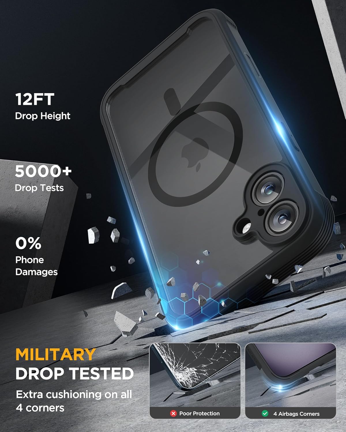 Miracase Magnetic for iPhone 16 Plus Case Full-Body Phone with Built-in Glass Screen Protector, [Compatible with MagSafe] Military Drop Proof 16 Plus Cover Bumper 6.7 inch, Black