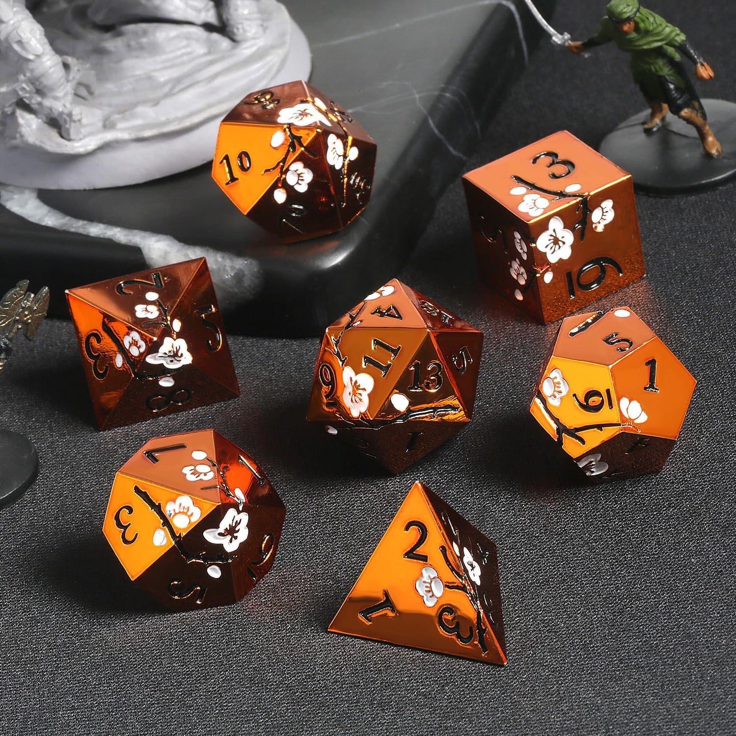 Orange Metal Dice D&D, DNDND 7 PCS Heavy Metallic DND Dice Set with Gorgeous Gift Case for Dungeons and Dragon Tabletop Game (Orange with White Flowers)