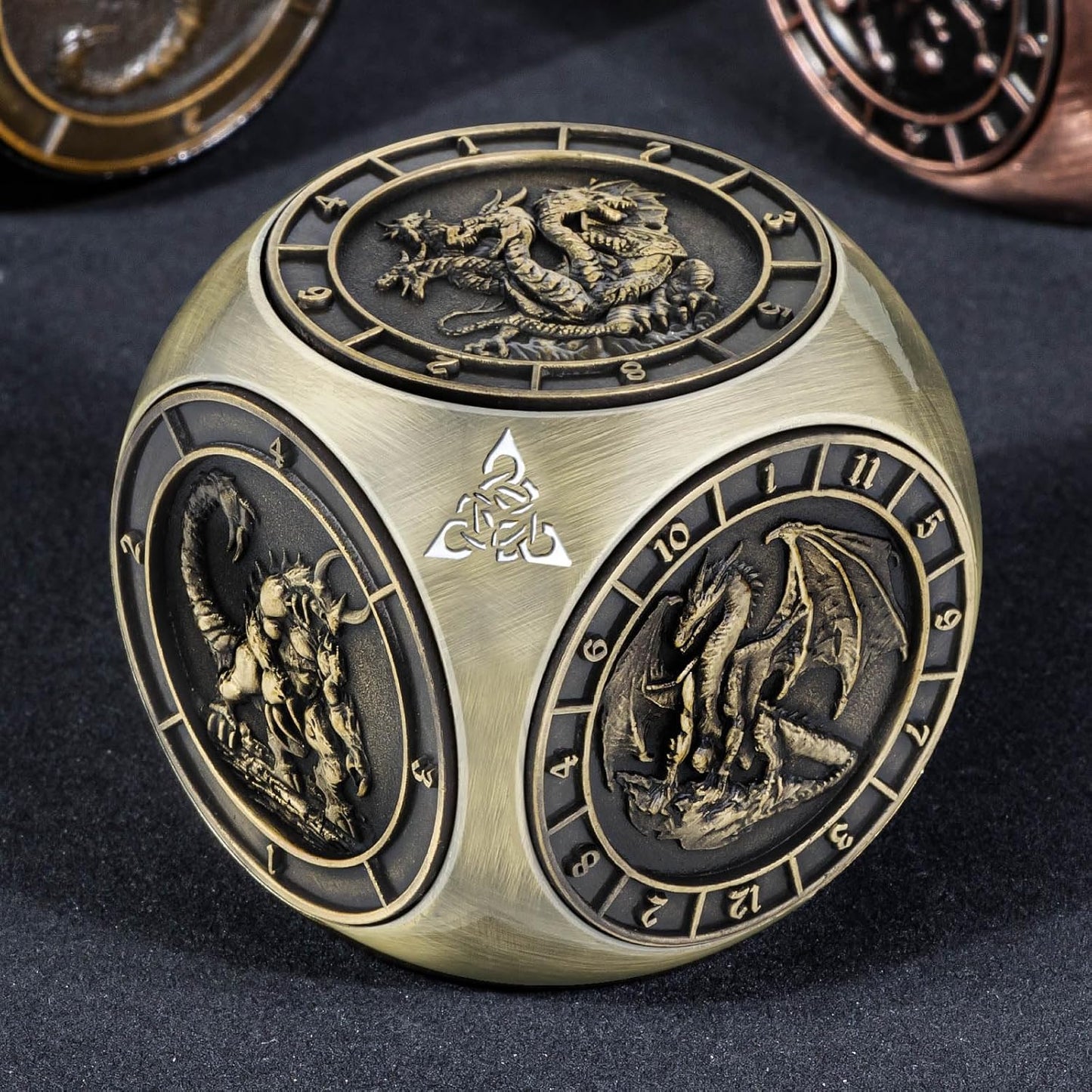 7 in 1 D6 Spinner DND Dice Set D&D, Metal Cube D and D Dice with Gift Box, Dungeons Dragons Role Playing Dice, Bronze